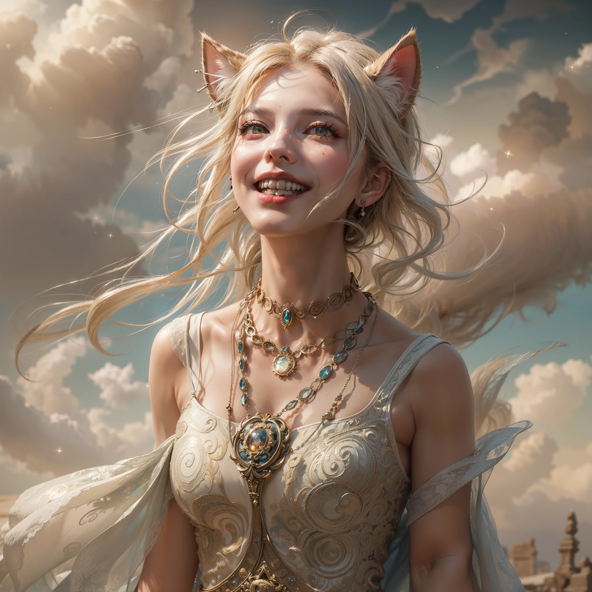 ((cat ears on head:1.5)), (Numerous award-winning masterpiece, incredibly detailed, textured and maximally detailed), (full body standing image:1.9), (surrealistic:1.4), (stunning anatomically perfect and beautiful style:1.9), top qualityreal texture skin, (accurate, perfect circles, symmetrical eyes), detailed face, ((medieval world)), ((sylphid, wind spirit in the sky)), (elegant dress dancing in the wind is elaborately finished in every detail.(The smile of liberated joy on her mouth:1.8), (Clear eyes full of joy:1.5), (Full body standing image:1.9), (Use the magic of the graceful wind:1.7), (Pure and elegant image:1.6), (Swirling wind and sea of clouds in the background:1.5), (Dramatic light), (Magnificent(Her expression is soft and beautiful.), (magnificent scene), (dramatic light), (magnificent light), (her expression is soft and beautiful.), (her expression is soft and beautiful.)(Dramatic photo:1.4), (Dramatic pose), ((Elegant flying pose)), (Golden hair), (Platinum blonde hair), (Silver hair), (Chestnut hair), Short-cut hair, ((Looking up)), (((looking down)), (around her neck, a simple necklace wrapped with ancient and elaborate workmanship. :1.3)), (aura encircling glistening body:1.6)), (swirling wind:1.4)), old ruins overgrown with vegetation, great temple, cathedral, temple ruins, temple away from temple, (shining magic circle), ruins of ancient castle, desolate ruin, crumbling ruins, ancient ruins with clear water, holy light, magnificent realistic(HDR:1.5), (subdued colors:1.2), highly detailed, cinematic, warm light, dramatic light, (complex details:1.1), complex background, highly detailed, surreal, complex details, painting (artwork), ((masterpiece,top quality)), ((cinematic light)), that&#39;s awfulDark Fantasy, Faded, ((Neutral Color)), Art, (Art Station:1.5), Light Effects, (Intricate Detail:1.1), Intricate Background, (Greg Rutkowski:0.8), (Teal and Orange:0.4)