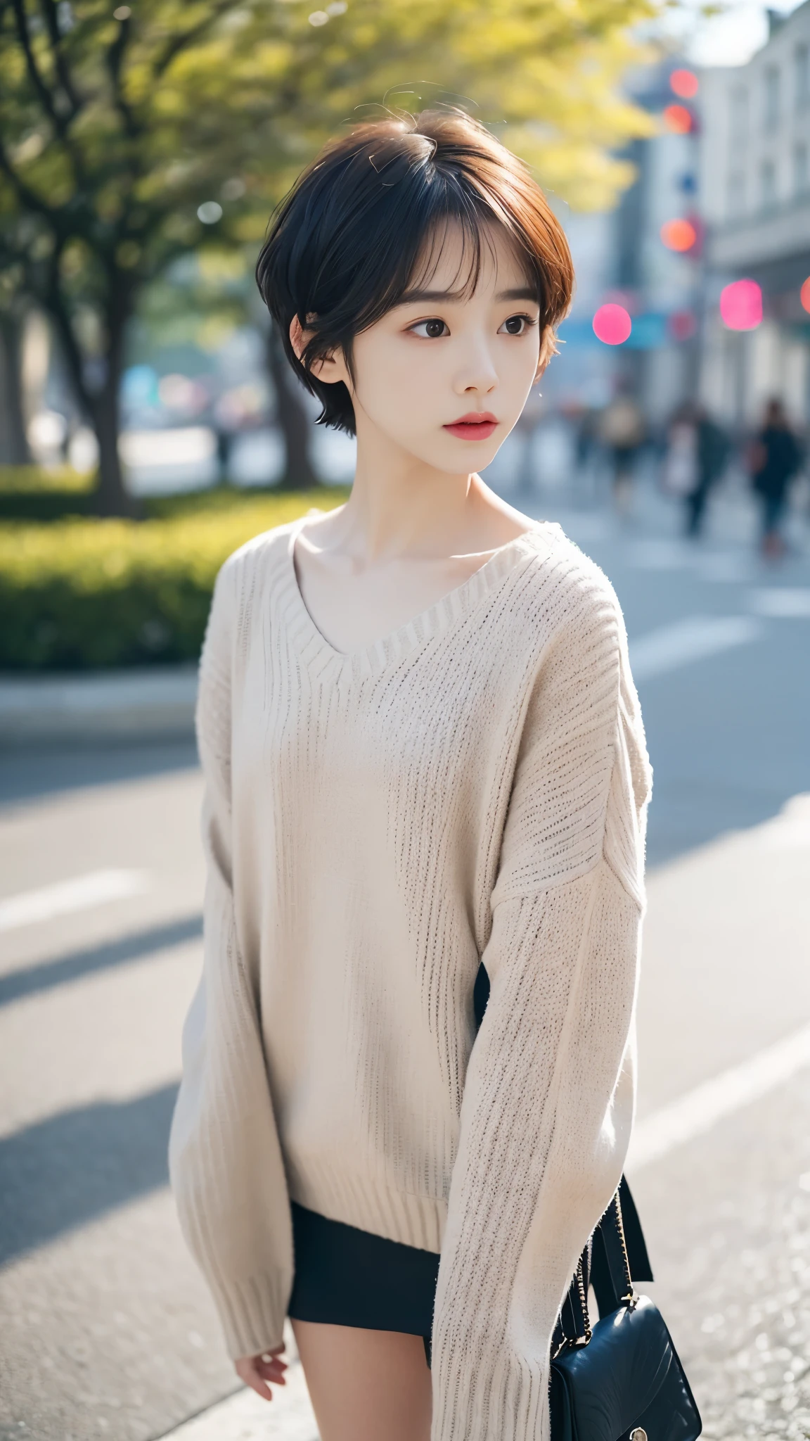 ((best quality, 8 thousand, masterpiece:1.4)), (1 woman), ((very small face:1.3)), (light나는 피부:1.5), beautiful body, ((Very short cut:1.5)), masterpiece, best quality, very detailed, illustration, wide angle, A girl is standing in the middle of the road, alone, Pink cherry trees on the central road and roadside, whole body, 20's, sweater, short skirt, fashion,, composition, balance, Harmony, rate, color, light, shadow, reflect, refraction, interval, difference, Panorama, center field, background, naturalistic, figurative, expressive, very_short_hair, absurdly_short_hair, colored_inner_hair,