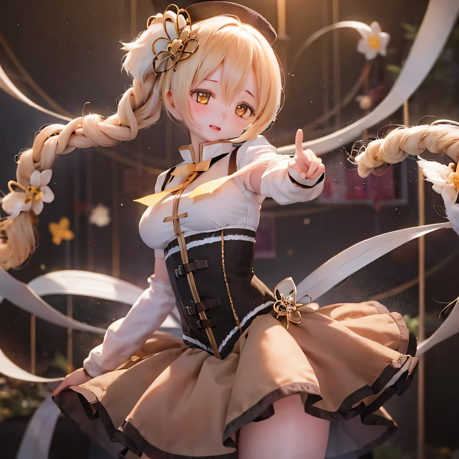 (best quality,ultra-detailed,masterpiece:1.2),expressive eyes,perfect face,beautiful Mami Tomoe,sofisticated pose,long pink hair,golden eyes,soft pink lips,detailed magical girl costume,dark background,glowing ,anime style,soft lighting,vibrant colors,mysterious aura cute (((((thick lips)))))(curvy)full body