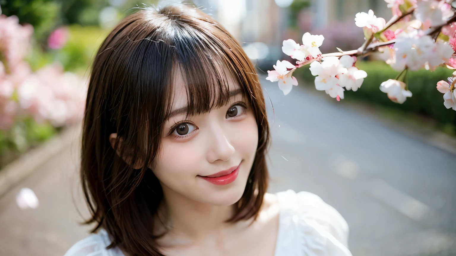 table top, highest quality, shape, Super detailed, finely, High resolution, 8k wallpaper, 完璧なダイナミックな構shape, finelyて美しい目, wearing a white dress,medium hair,natural color lip, smile,Harajuku、 girl、cute、looking at the camera、C cup、brown hair、Blurred cherry blossom background