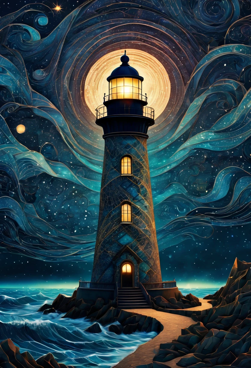 Magical starry cracked sky. zentangle art deco style Lighthouse, art deco style science fiction, magical art deco style future sea in background, vincent van gogh, about the curvature of space time, dark tones, (best quality,4k,8k,highres,masterpiece:1.2),ultra-detailed,(realistic,photorealistic,photo-realistic:1.37), aerial view, from above,