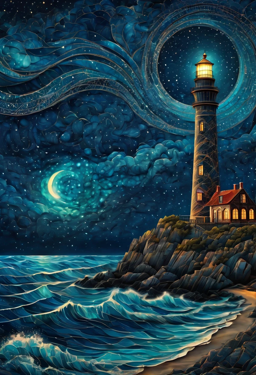Magical starry cracked sky. zentangle art deco style Lighthouse, art deco style science fiction, magical art deco style future sea in background, vincent van gogh, about the curvature of space time, dark tones, (best quality,4k,8k,highres,masterpiece:1.2),ultra-detailed,(realistic,photorealistic,photo-realistic:1.37), aerial view, from above,