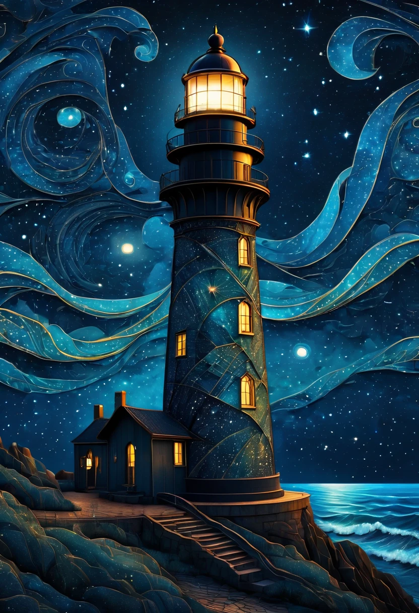 Magical starry cracked sky. zentangle art deco style Lighthouse, art deco style science fiction, magical art deco style future sea in background, vincent van gogh, about the curvature of space time, dark tones, (best quality,4k,8k,highres,masterpiece:1.2),ultra-detailed,(realistic,photorealistic,photo-realistic:1.37), aerial view, from above,