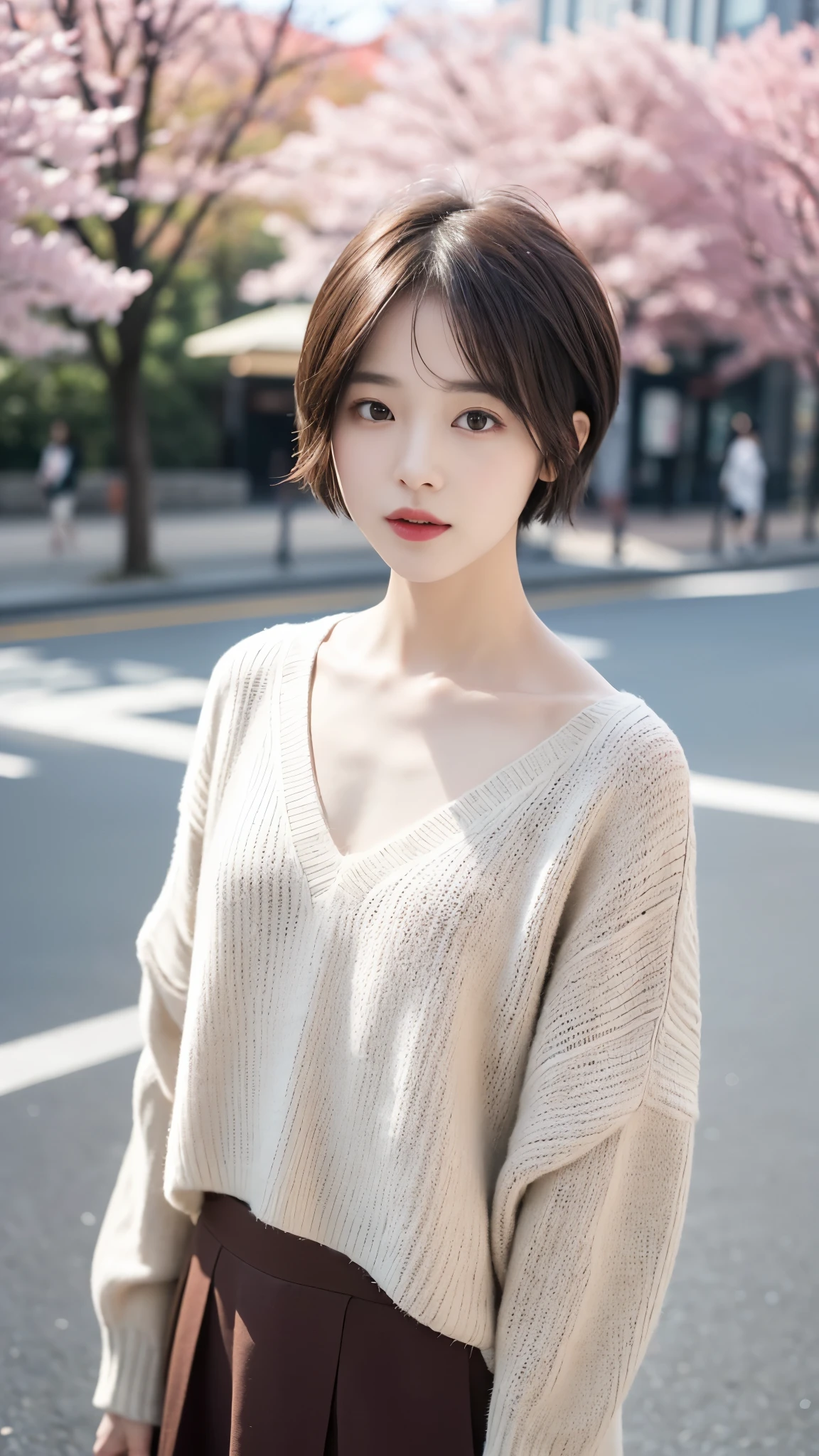 ((best quality, 8 thousand, masterpiece:1.4)), (1 woman), ((very small face:1.3)), (light나는 피부:1.5), beautiful body, ((Very short cut:1.5)), masterpiece, best quality, very detailed, illustration, wide angle, A girl is standing in the middle of the road, alone, Pink cherry trees on the central road and roadside, whole body, 20's, sweater, short skirt, fashion,, composition, balance, Harmony, rate, color, light, shadow, reflect, refraction, interval, difference, Panorama, center field, background, naturalistic, figurative, expressive, very_short_hair, absurdly_short_hair, colored_inner_hair,
