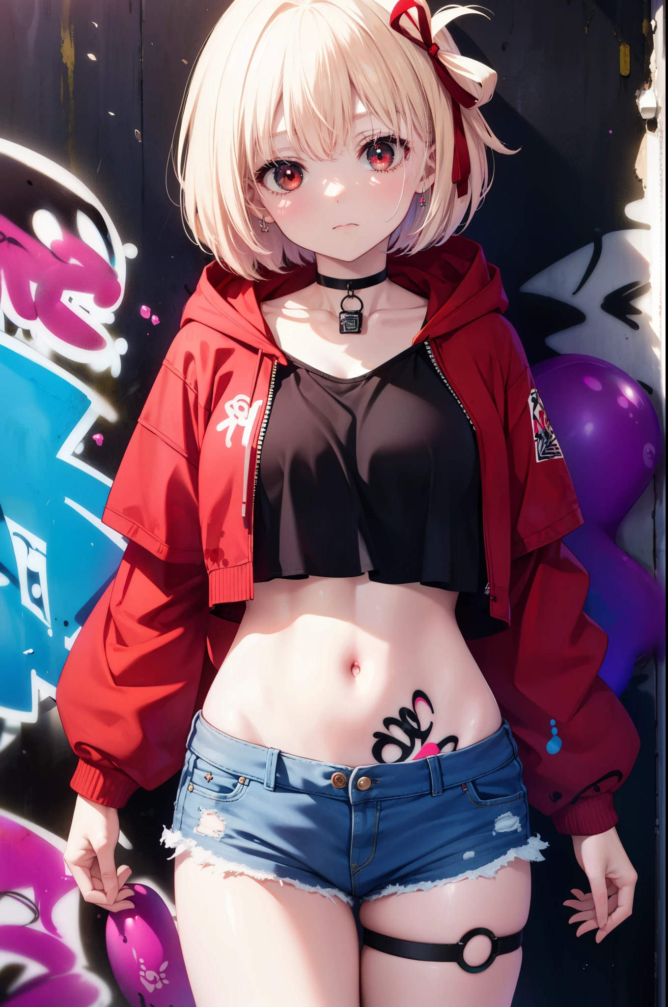Chisato Nishikigi, Chisato Nishikigi, short hair, bangs, blonde hair, (red eyes:1.5), hair ribbon, one side up, Red hoodie the front is open,wearing a hood,blow bubble gum, pink bubble gum,bob cut,Belly button tank top,denim shorts, choker, (graffiti:1.5), paint splatters, turn your arms behind your back, towards the wall, looking at the viewer , thigh strap, head tilt, was bored,break outdoors, Alley,break looking at viewer, (cowboy shot:1.5),
break (masterpiece:1.2), highest quality, High resolution, unity 8k wallpaper, (shape:0.8), (beautiful and detailed eyes:1.6), highly detailed face, perfect lighting, Very detailed CG, (perfect hands, perfect anatomy),