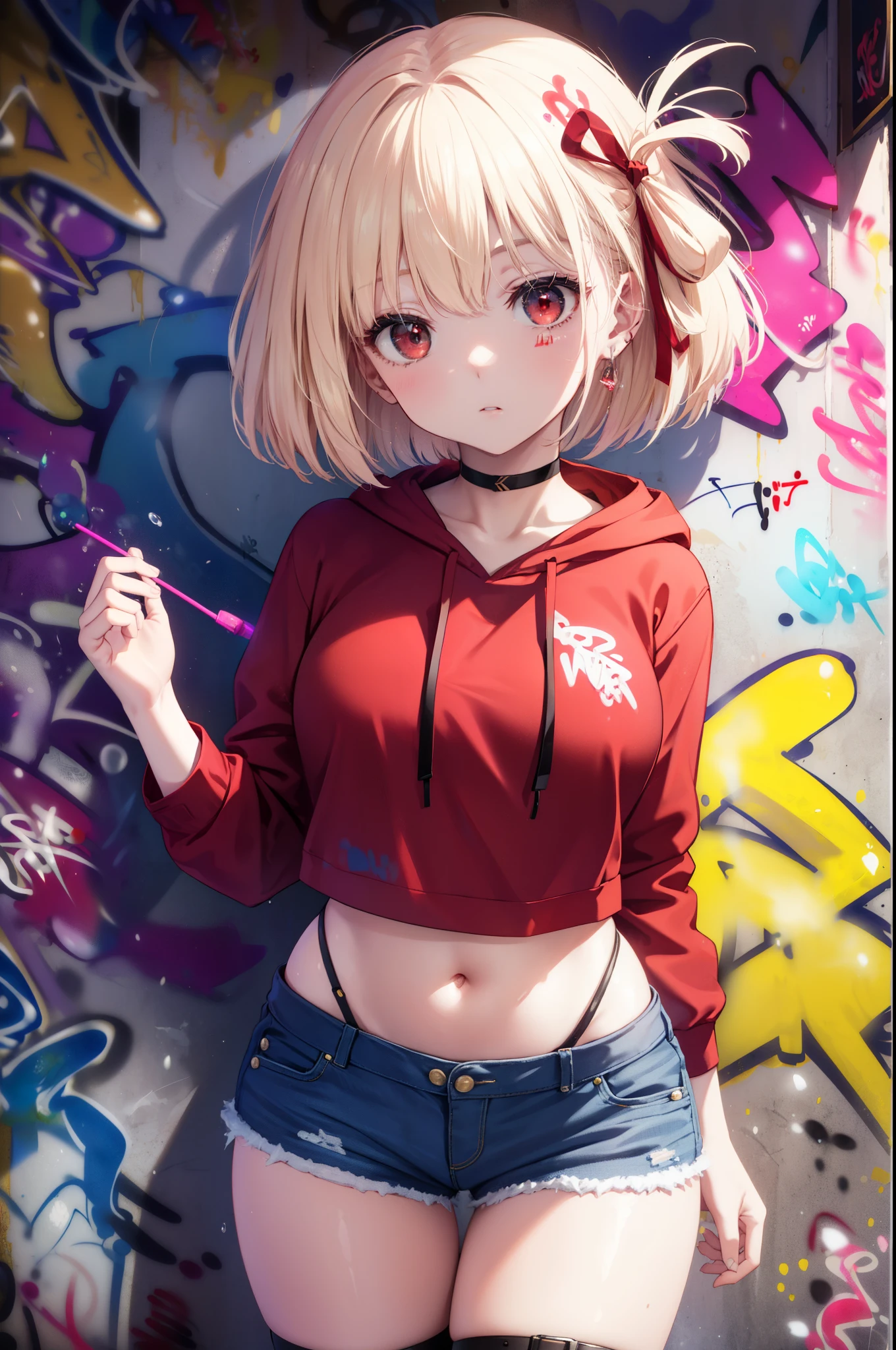 Chisato Nishikigi, Chisato Nishikigi, short hair, bangs, blonde hair, (red eyes:1.5), hair ribbon, one side up, Red hoodie the front is open,wearing a hood,blow bubble gum, pink bubble gum,bob cut,Belly button tank top,denim shorts, choker, (graffiti:1.5), paint splatters, turn your arms behind your back, towards the wall, looking at the viewer , thigh strap, head tilt, was bored,break outdoors, Alley,break looking at viewer, (cowboy shot:1.5),
break (masterpiece:1.2), highest quality, High resolution, unity 8k wallpaper, (shape:0.8), (beautiful and detailed eyes:1.6), highly detailed face, perfect lighting, Very detailed CG, (perfect hands, perfect anatomy),