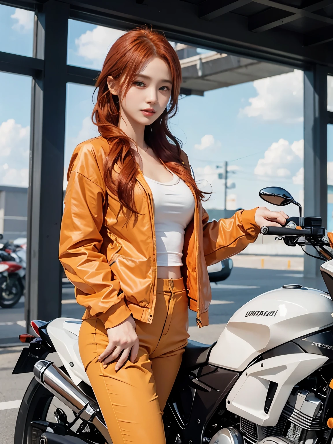 dynamic podium: 1.3), (realistic:1.5), (realistic:1.4), 8k, Super delicate beauty, 1 girl, intricate body details, (short: 1.3), (highest quality: 1.0), (Super high sharpness: 1.0),（Beautiful and delicate depiction of eyes）,((((ride a motorcycle)))),unreal engine:1.4, photorealistic:1.4, skin texture:1.4, masterpiece:1.8,highest quality、smile、long limbs、((orange jacket and long pants))、(((Redhead short)))