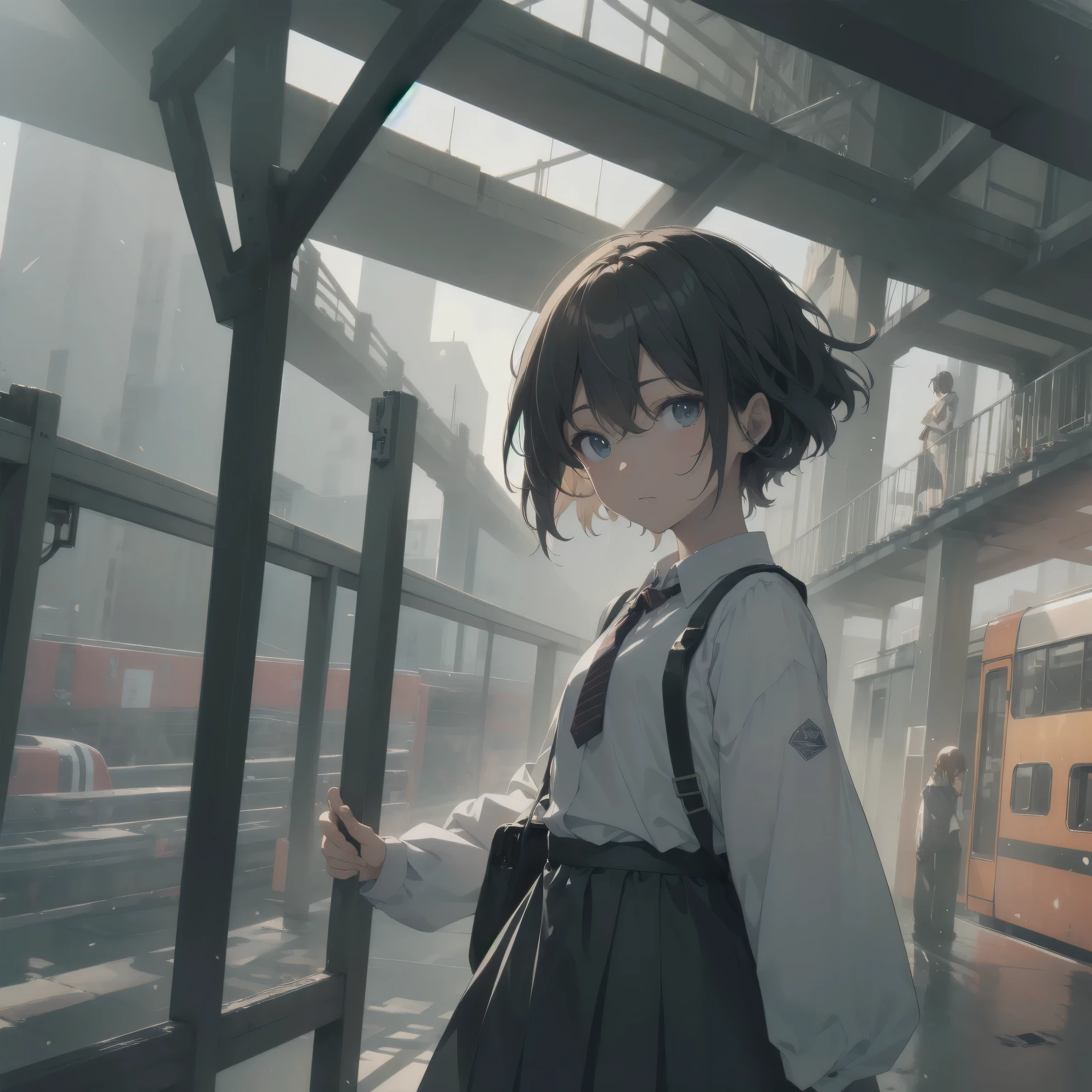 Super absurd quality by the god of art, super detailed, High resolution, anime moe art style, Best Anime 8K Kona-chan Wallpaper, pixiv contest winner, perfect anatomy, break,(眠そうにalone学校へ行く女の子を描いてください. )break,1 girl, (alone,little woman, baby face, :1.3),All limbs, full finger,, The charm of an immature body, (very_short hair), Bang, flat chest, small ass, between legs, small black eyes, detailed and beautiful eyes, Well-proportioned iris and pupils, expressive eyes, sleepy eyes, High resolutionの詳細な髪, neck ribbon, shirt, collared shirt, skirt, pleated skirt, school uniform, school bag,(detailed lighting), (detailed background), On the way to school. break,super dense skin, Best cinematic lighting powered by famous artist, 8k,collaboration illustration,cute illustration,photoshop_(Moderate),Absurd Hi-Res,Hmm,rough skin,break,((artist:mifuru)),artist:Fujichoko, artist:Fujiyama,artist:hanekoto
