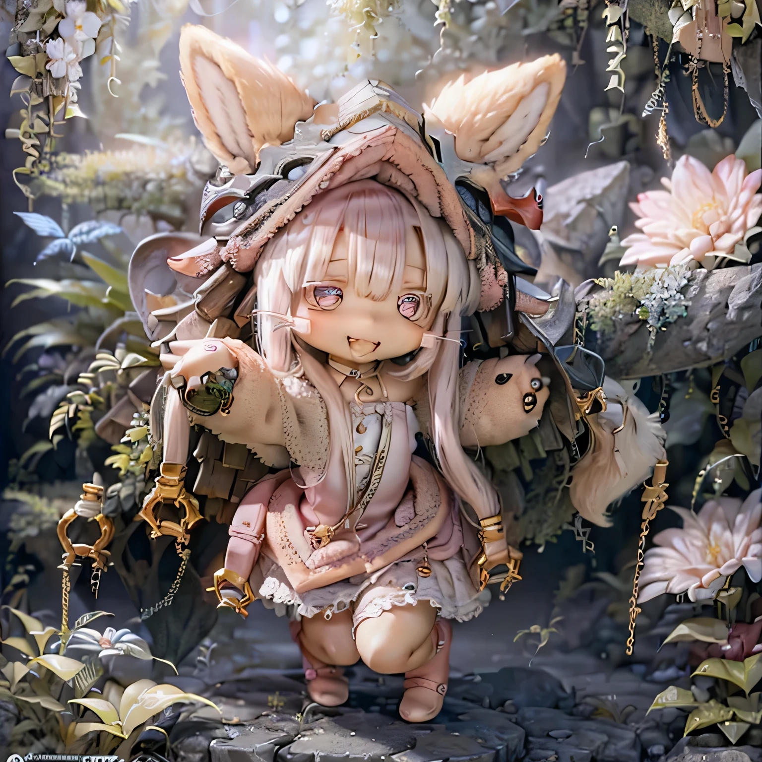 In a garden, a girl with a smile on her face, resembling Nanachi from Made in Abyss. She has beautiful, detailed eyes and lips. The girl is depicted in a (((chibi style,))) . The image quality is of the best quality, with ultra-detailed and realistic features. The artwork medium is a combination of illustrations and photorealistic rendering. The colors are vivid and the lighting creates a warm and cheerful atmosphere casual full body(((((cute pink dress)))))