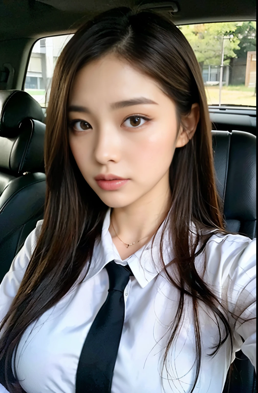 (((1girl)))((best qualtiy, 8K, tmasterpiece:1.3)),((Sharp:1.2, perfect figure beautiful woman:1.4, Slim abs:1.2)), ((Layered Hair Style, huge tit:1.3)),((Highly detailed facial and skin texture,A detailed eye,Black eye,double eyelid, droopy eyes)),(japan girl:1.5)(Brown Hair)(Formal shirt:1.8),(in car:1.3)from side:1.5