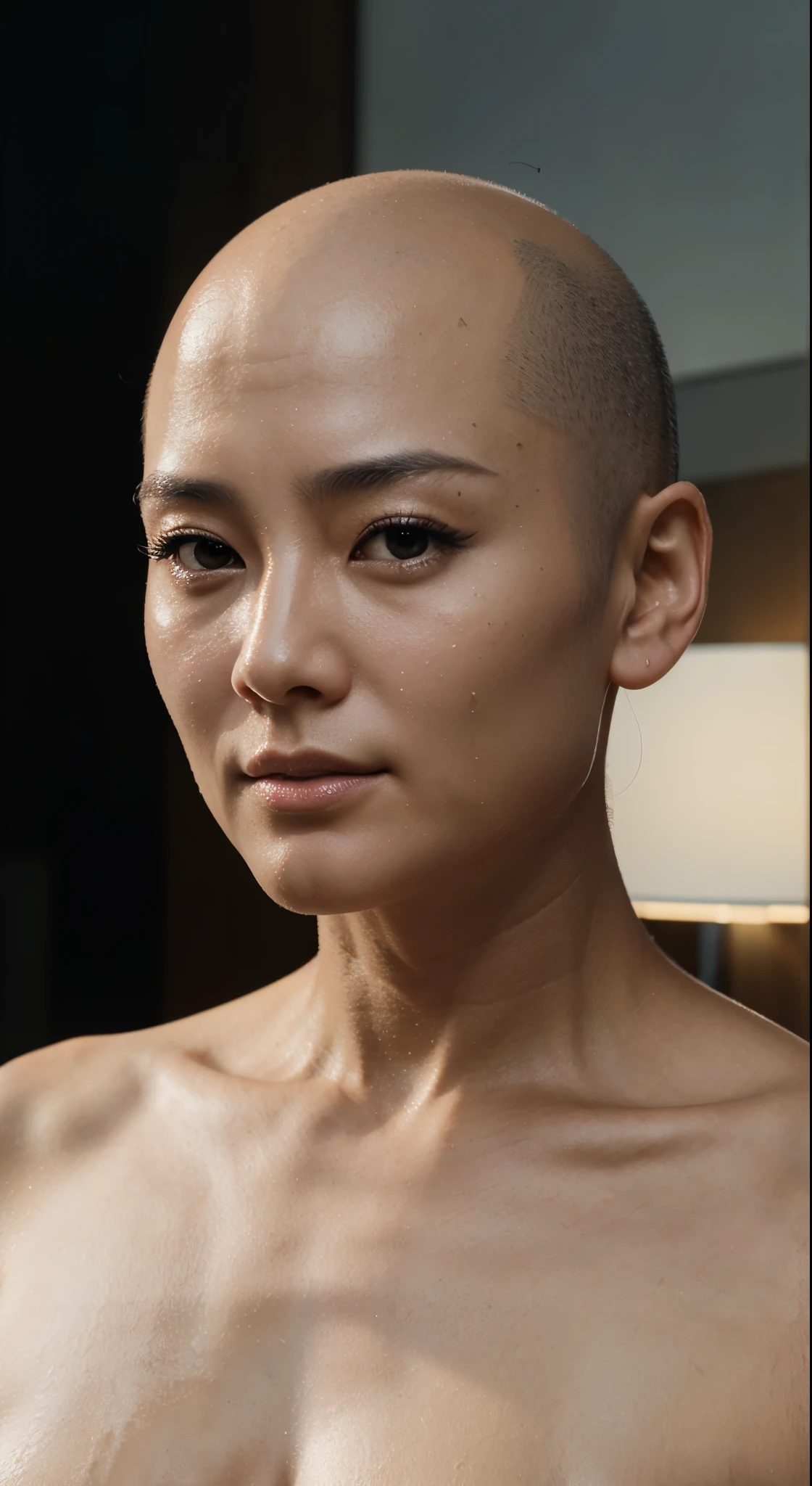 ((Hairstyle is shaved head, skinhead)), (Japan female), age 55, 8K, photorealistic, photorealism, portrait, 85mm lens, depth of field, skin luster is delicate, eyes are black, eyes are drooping, slightly off, lips are plump, chubby, (Rino Katase), black corset, prison, prison, connected by a chain from earlobe to nose