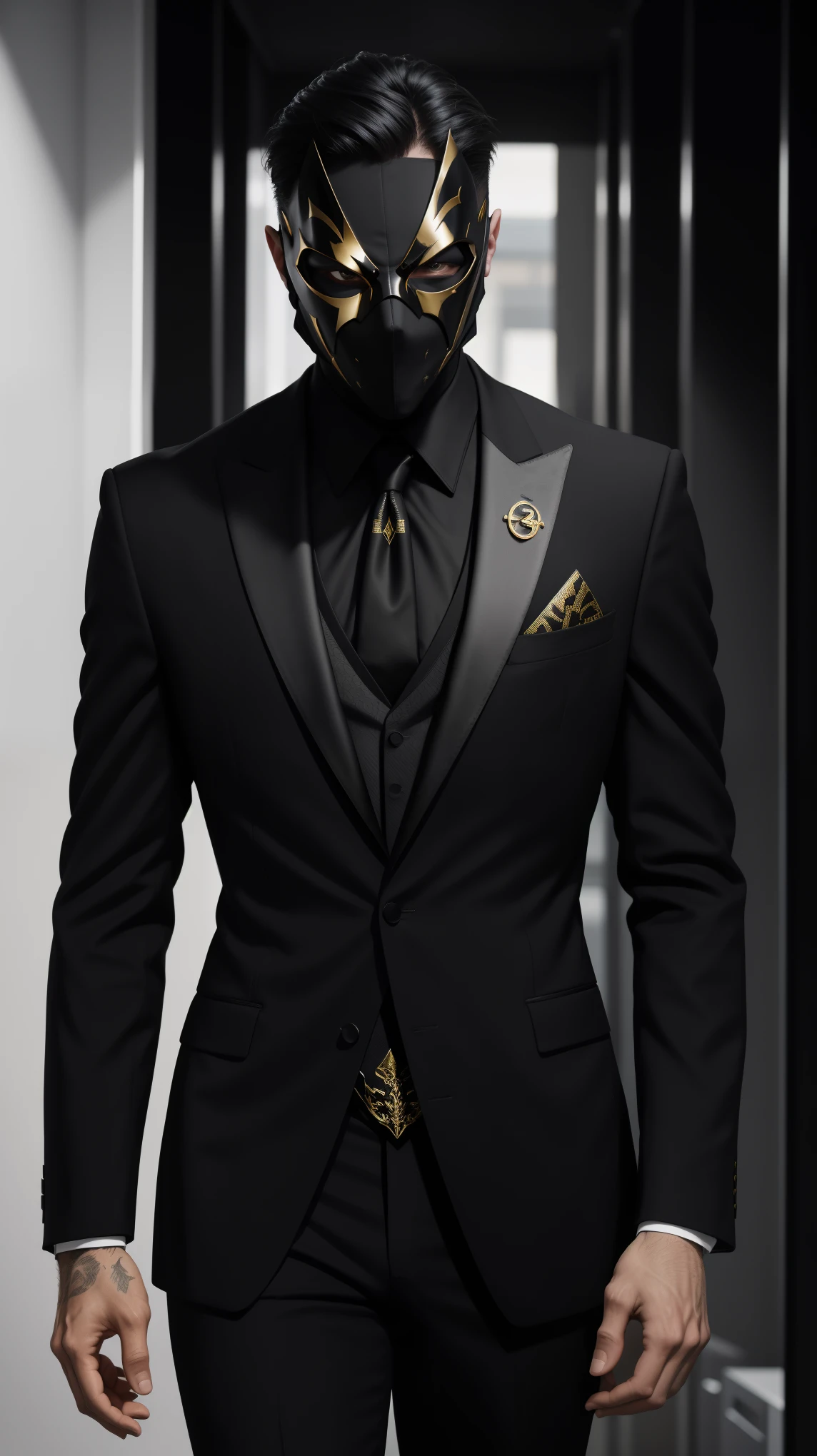 A masked man wearing a black suit with gold accents