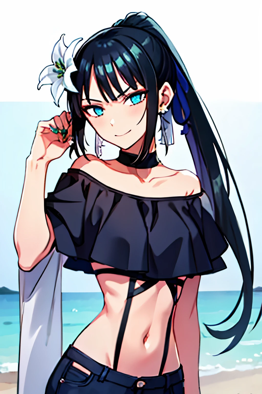 character, female, bangs, black hair, ponytail, green eyes, long hair, smile, earrings, jewelry, blue eyes, hair ornament, fgo, girl，, hair flower, jing ke, fully automated, fgo jing ke ,jing_ke_fgo, long_hair, black_hair, bangs, earrings, jewelry, smile, ponytail, blue_eyes, green_eyes, hair_ornament, hair_flower
