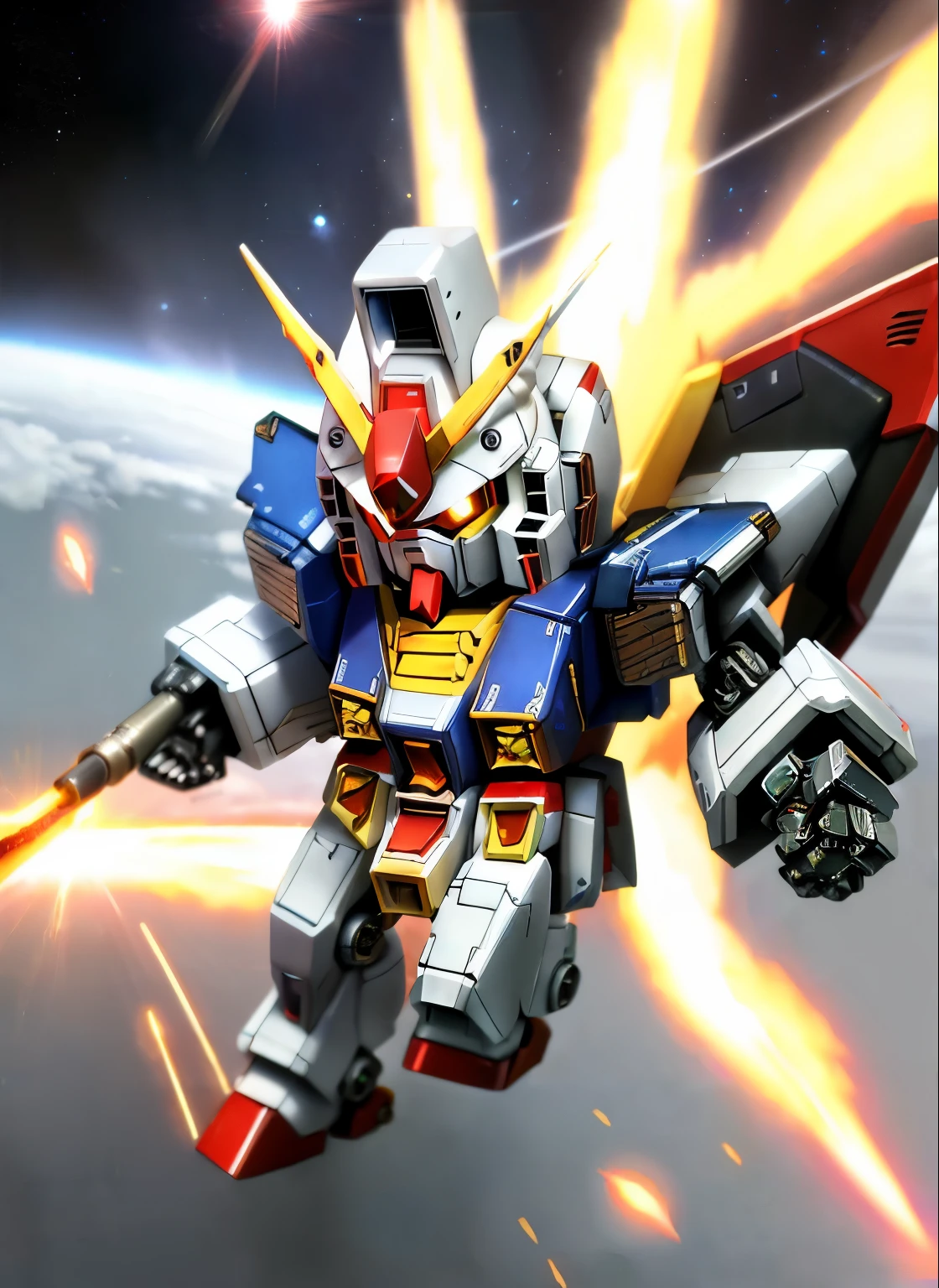 ((SF))、(masterpiece)、highest quality、Highly detailed CG Unity 8k wallpaper、((SD Gundam 1.4))、(F91)、sharp gaze、Confront the enemy with a bazooka and saber、dance in the air、Flying through the sky like a comet、surrounded by fin funnels、chibi character、background earth、realistic outer space、robot、mechanic、docking core、Maximum output、Vesbar、fully armed、rusty edge、shine of light、Lens flare、unreal engine、