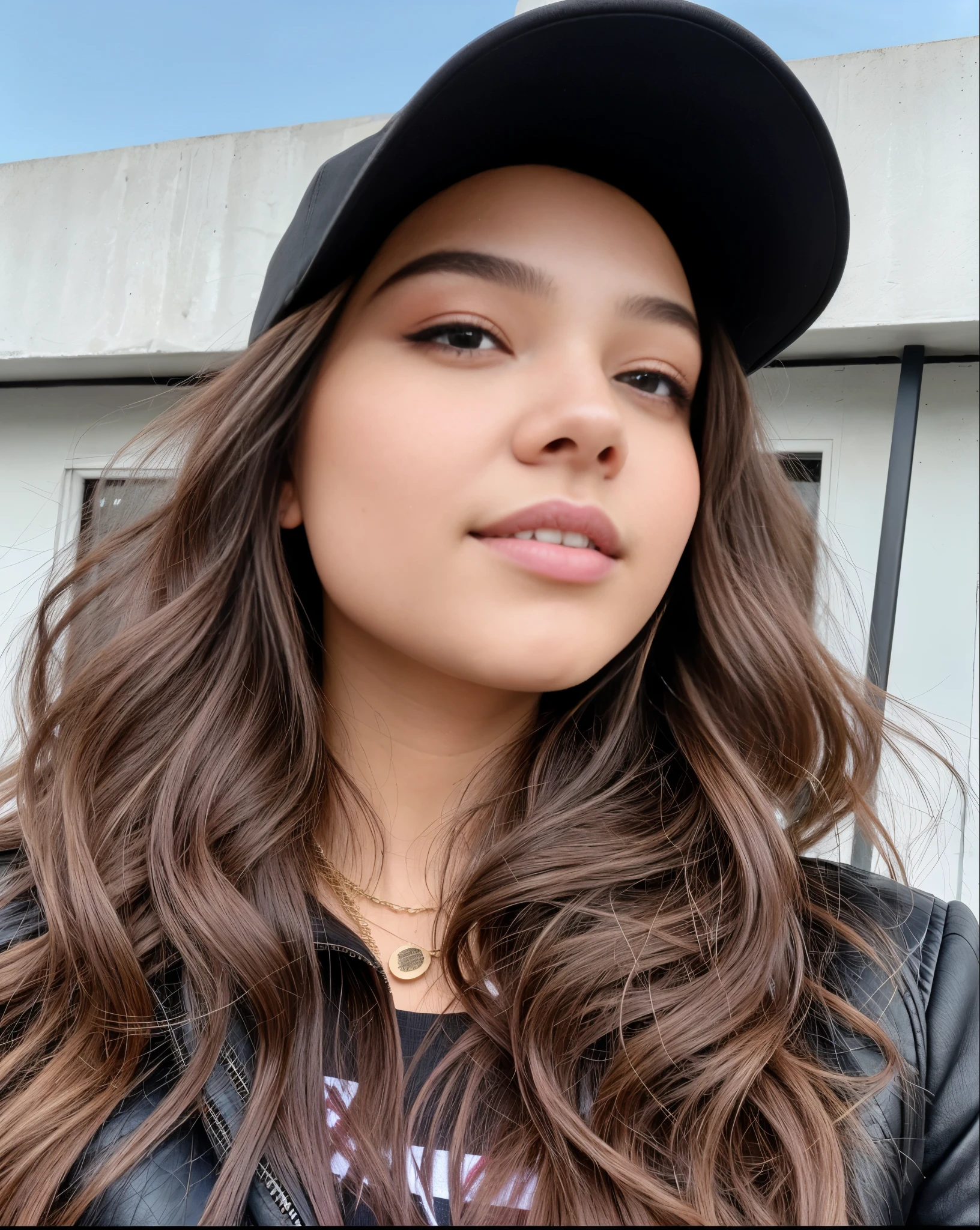 there is a woman with long hair wearing a hat and a black jacket, Ele concorda, Retrato de Sophie Mudd, Hailee Steinfeld, Kailee Mandel, selfie de uma jovem, Isabela Moner, estilo de julia razumova, embaralhamento dos namorados, profile picture with headshot, Alina Ivanchenko, sem maquiagem, Anna Nikonova aka Newmilky