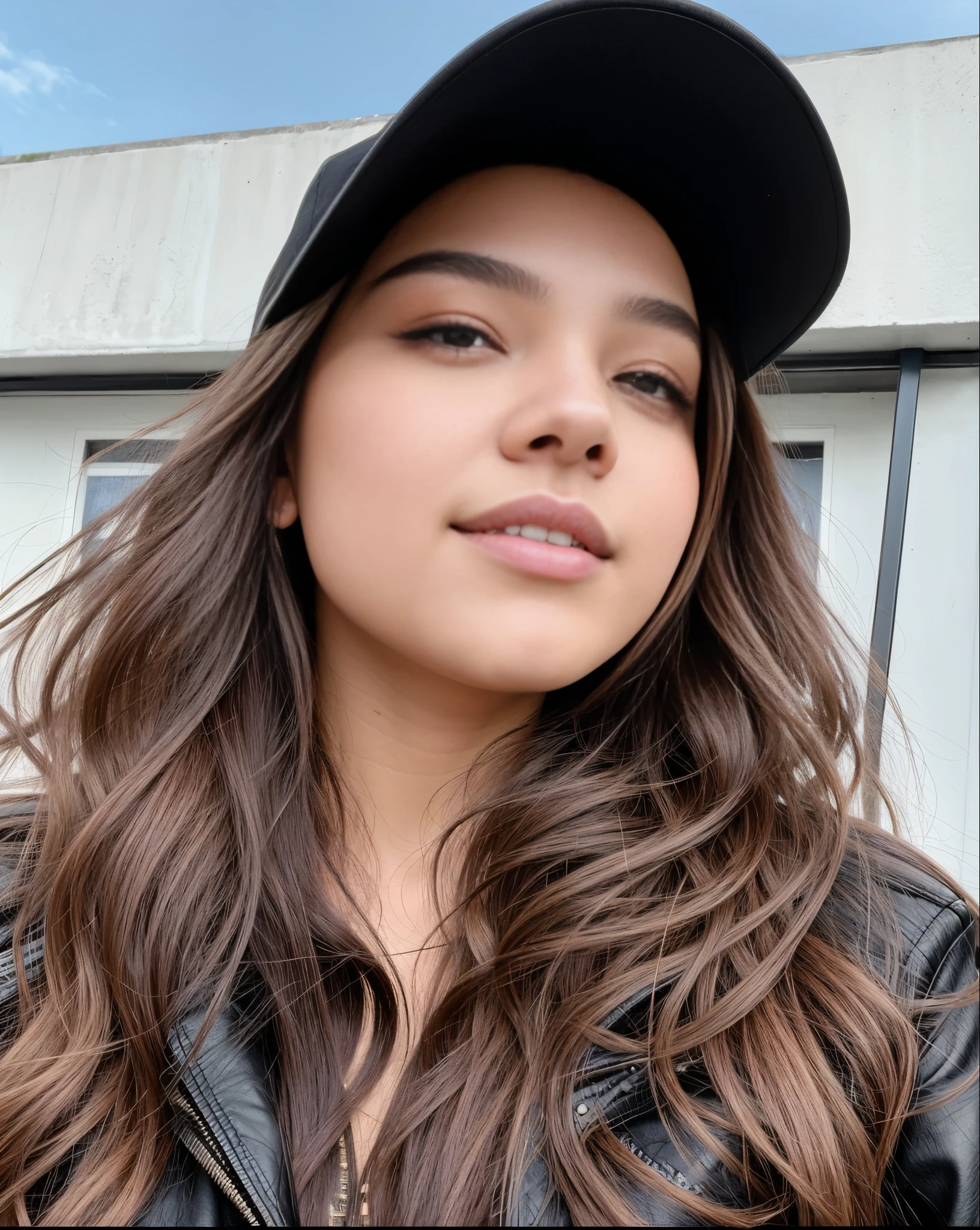 there is a woman with long hair wearing a hat and a black jacket, Ele concorda, Retrato de Sophie Mudd, Hailee Steinfeld, Kailee Mandel, selfie de uma jovem, Isabela Moner, estilo de julia razumova, embaralhamento dos namorados, profile picture with headshot, Alina Ivanchenko, sem maquiagem, Anna Nikonova aka Newmilky