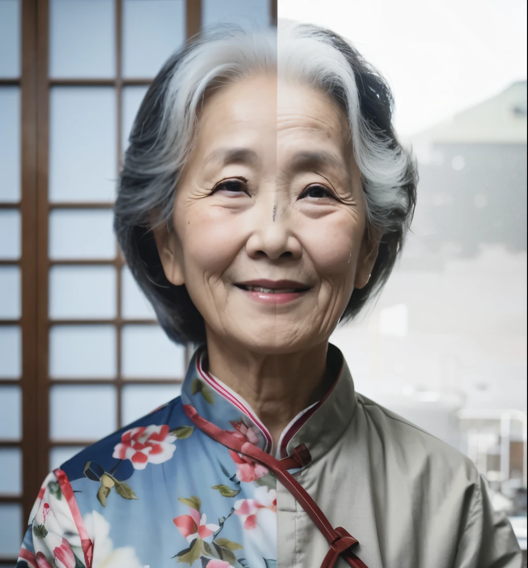 A woman is smiling and posing for a photo, chinese woman, Inspired by Zhou Shuxi, by Cheng Zhengkui, old lady, Inspired by Liu Jue, Ageing, real life portrait, inspired by Gu Zhengyi, old woman, Inspired by Zhang Zeduan, Inspired by Zhen Min, By Fei Danxu