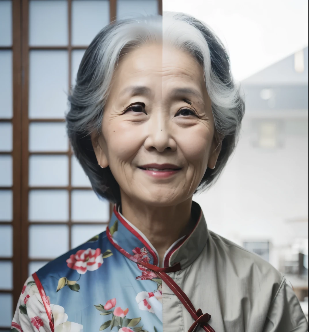A woman is smiling and posing for a photo, chinese woman, Inspired by Zhou Shuxi, by Cheng Zhengkui, old lady, Inspired by Liu Jue, Ageing, real life portrait, inspired by Gu Zhengyi, old woman, Inspired by Zhang Zeduan, Inspired by Zhen Min, By Fei Danxu