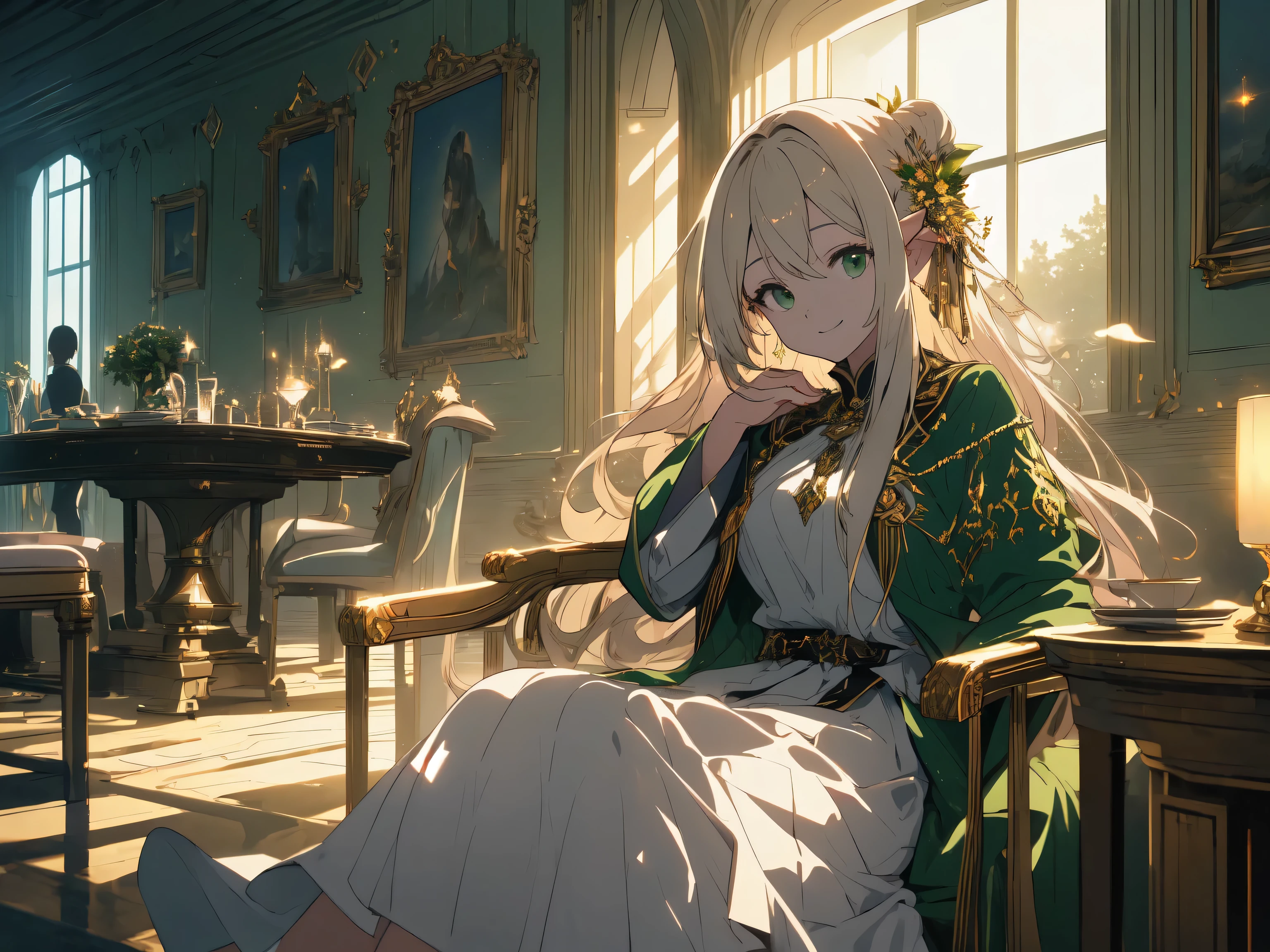 (((masterpiece, highest quality, High resolution, high detail)))), (((fantasy))), ((walled city)), ((Inside the inn)), (Sit in a chair and look out the window))), ((People coming and going in the city々々)), One, elf woman, White short skirt with gold embroidery, blonde long straight hair, dark green eyes, green surcoat with gold embroidery, smile, big, (Wind) , There are many particles of light floating in the room..、beautiful anime art