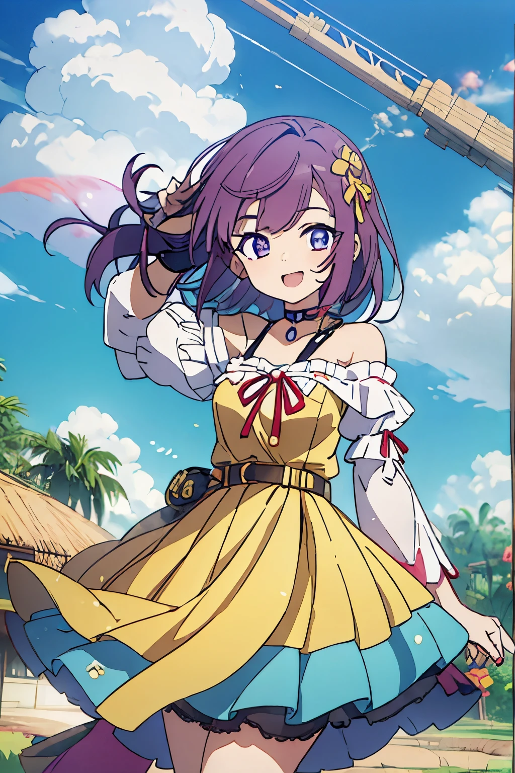 Kisho, 1 girl, purple hair, purple eyes, fantasy world, Remains, Bang, beautiful sky, shining sky, sunlight, smile, waving, sandals, belt, ribbon choker, Dresses that blow the wind, Black and White lace dress, Off-shoulder sleeve, both hands, perfect fingers, five fingers, beautiful eyes