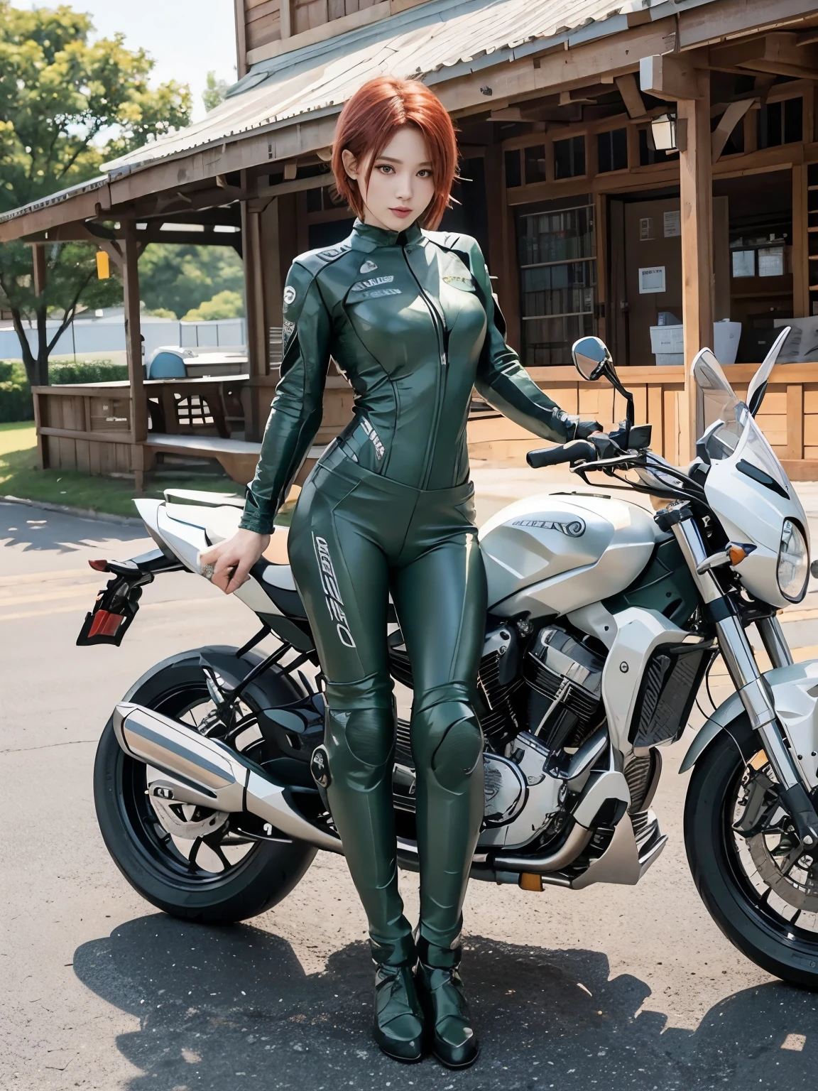  (realistic:1.5), 8k, Super delicate beauty, 1 girl, intricate body details, (short: 1.3), (highest quality: 1.0), (Super high sharpness: 1.0),（Beautiful and delicate depiction of eyes）,((((ride a motorcycle)))),unreal engine:1.4, photorealistic:1.4, skin texture:1.4, masterpiece:1.8,highest quality、smile、long limbs、((green racing suit and long pants))、(((redhead short hair)))