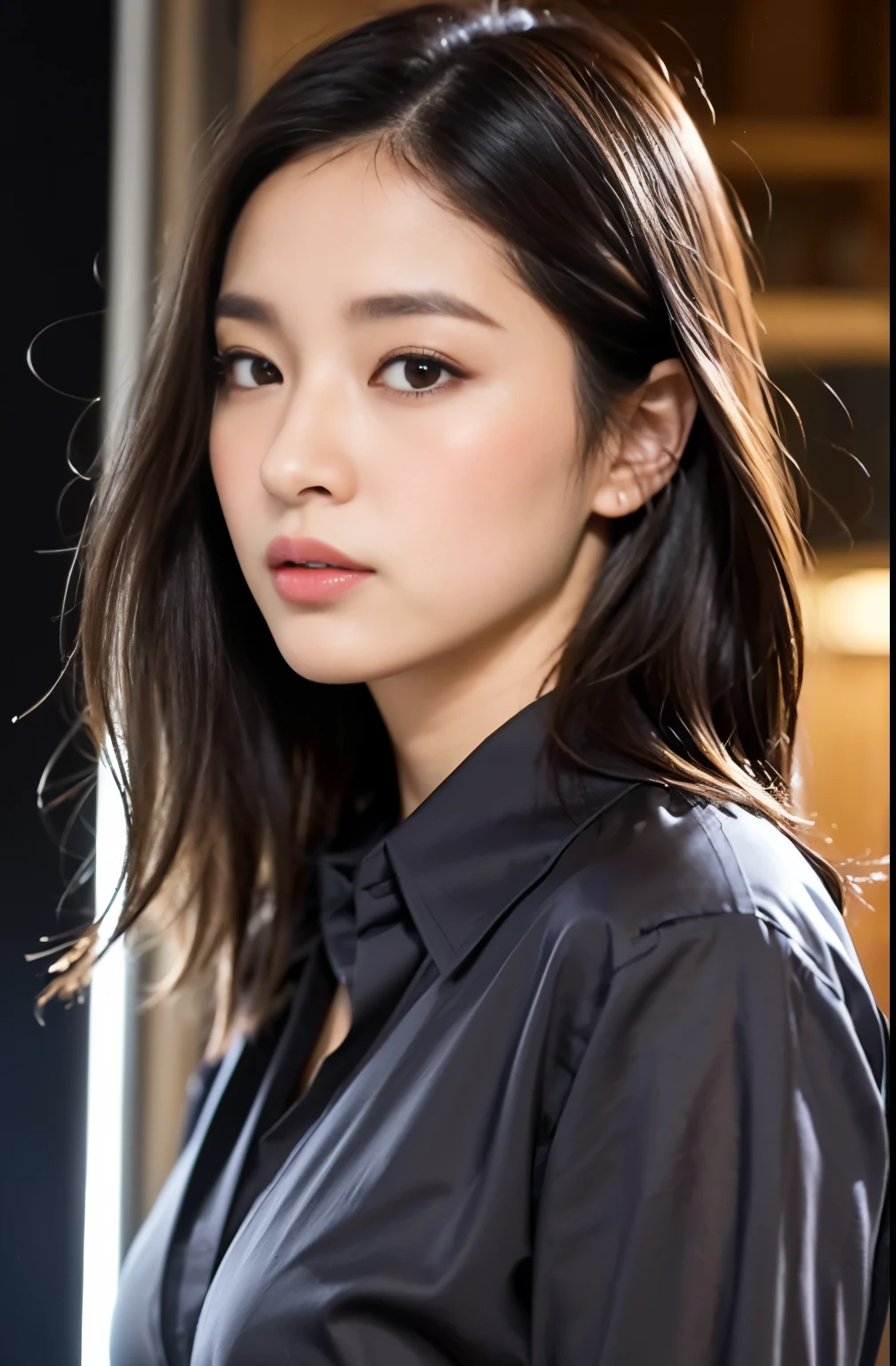 (((1girl)))((best qualtiy, 8K, tmasterpiece:1.3)),((Sharp:1.2, perfect figure beautiful woman:1.4, Slim abs:1.2)), ((Layered Hair Style, huge tit:1.3)),((Highly detailed facial and skin texture,A detailed eye,Black eye,double eyelid, droopy eyes)),(japan girl:1.5)(Brown Hair)(Formal shirt:1.8),(BAR:1.3)(profile:1.8)