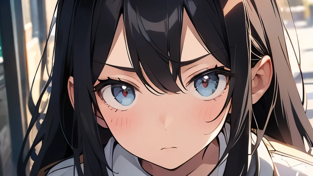 18 year old female、hair is black、long hair、eyes are big、uniform、Looks serious、Don't Wall