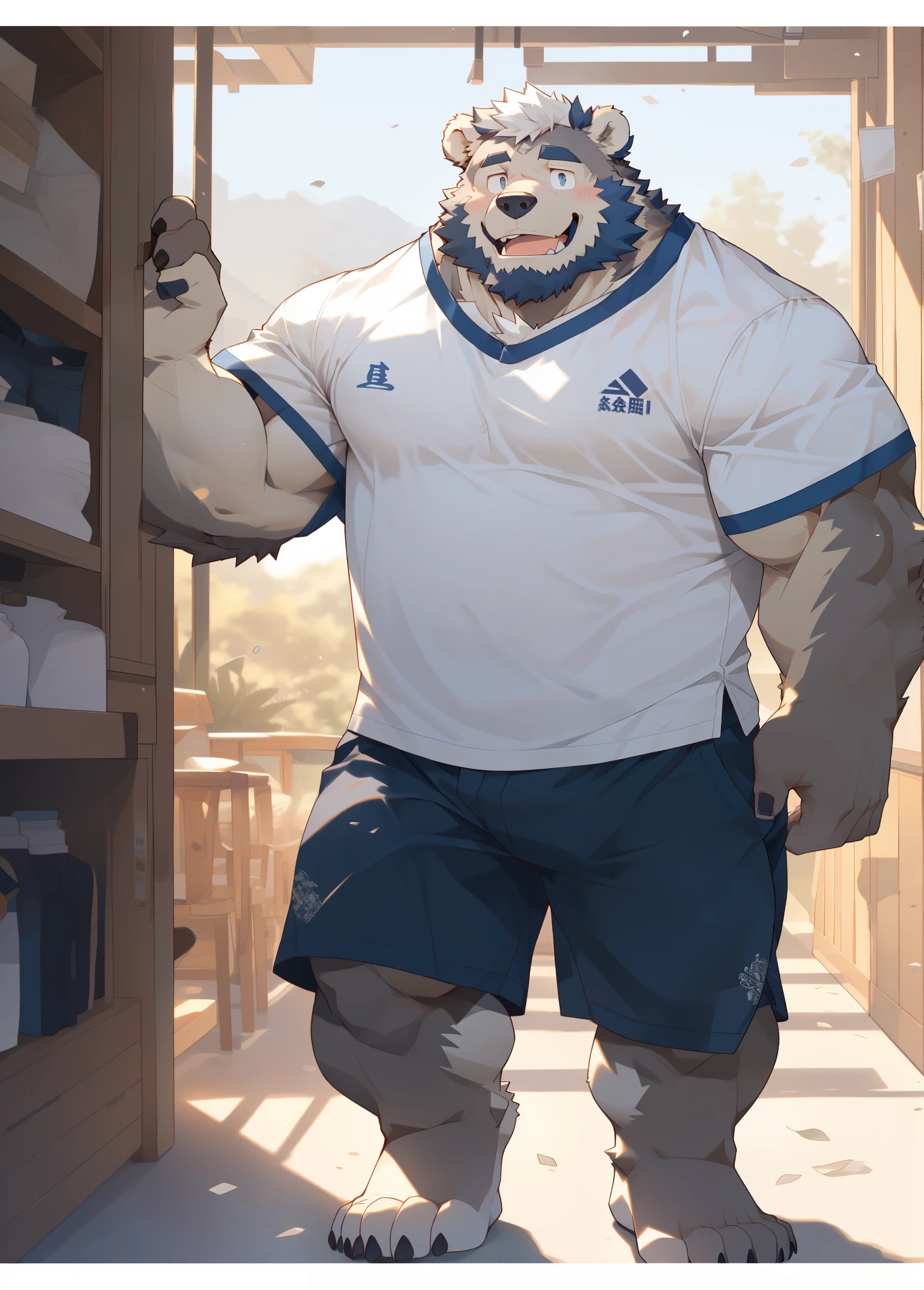 hairy，（Bear，White short sleeves，roll up sleeves，shorts），beard，white fur，male，Common，full-body shot， dynamic poses，hugging action，arms spread，Sunlight，in the groundroom，ground，happy smile，Detailed background，极其lifelike阴影，masterpiece，Very detailed，lifelike