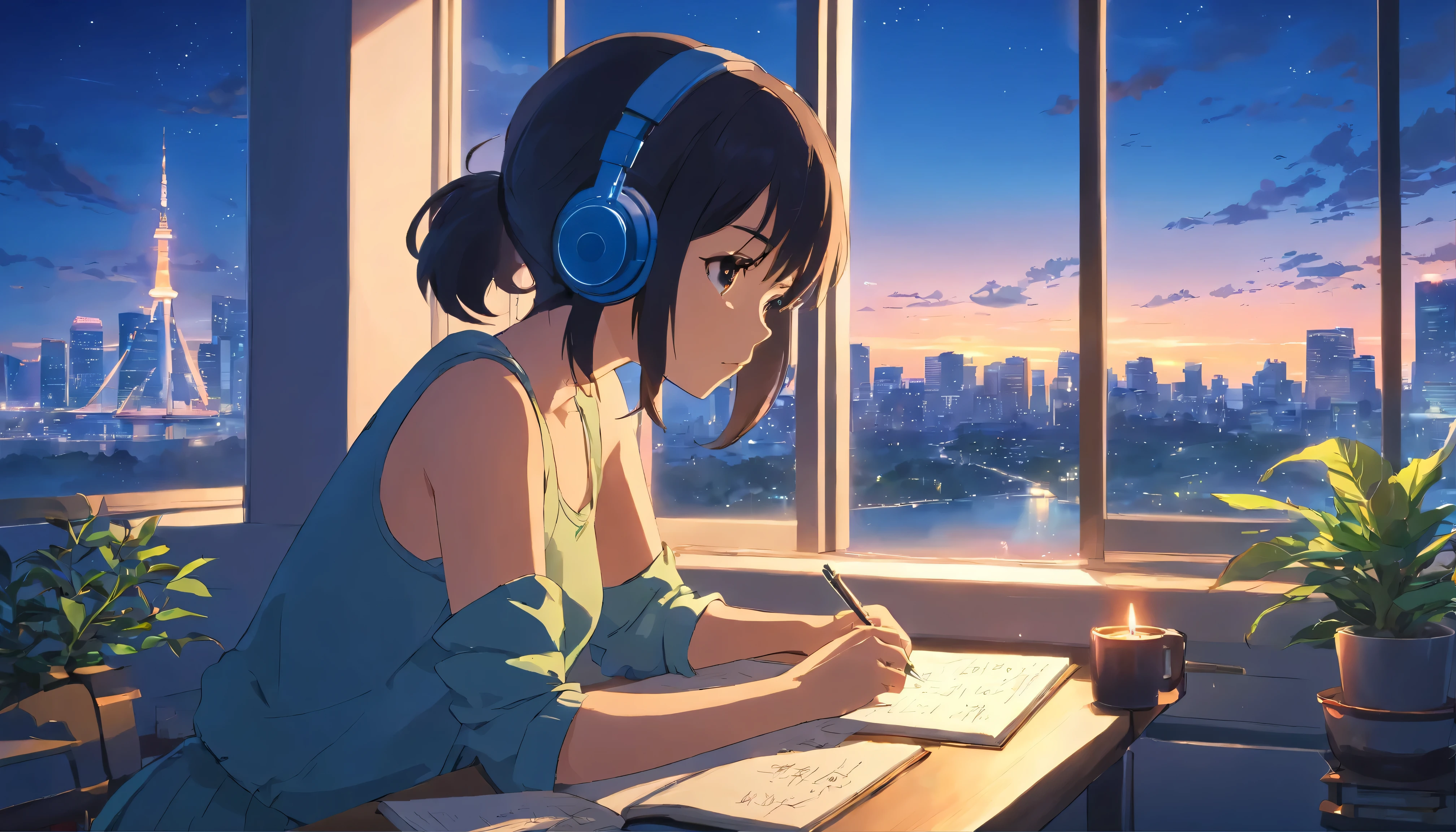 (Anime girl with headphones looking at the city outside the window), black hair, lofi girl, anime atmosphere, Lofiatostyle, anime style 4k, anime aesthetics, Nightcore, Lofi feeling, Lofiato, anime art wallpaper 4k, anime art wallpaper 4k, anime wallpaper 4k, anime wallpaper 4k, Lo-fi atmosphere, study, short skirt, Tank top, navel exposed costume, plants in the room, whole body, I have a pen, write in notebook, Mug on the table, lit candle on the table