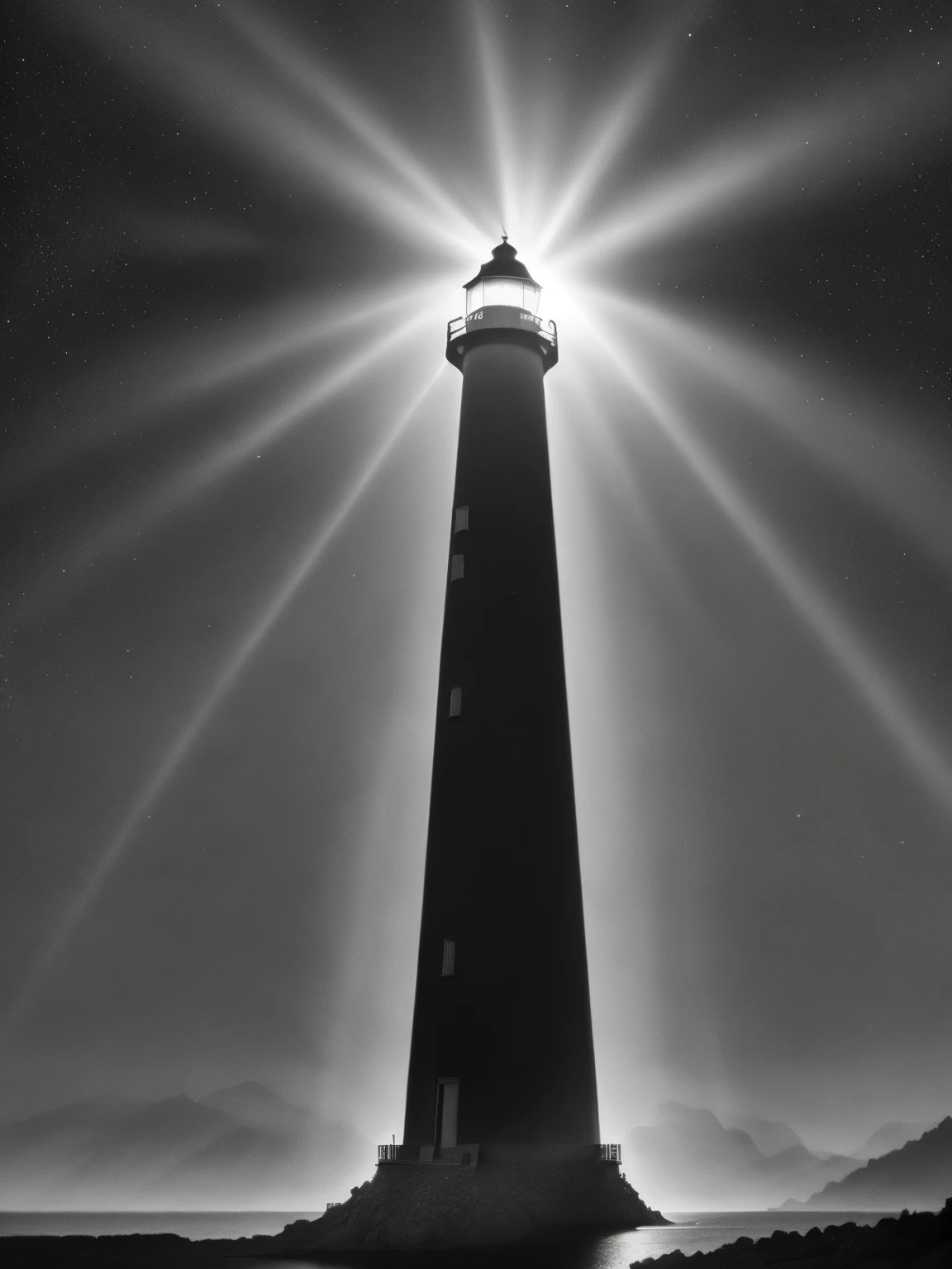 realistic photo, deep space lighthouse, a bright beam of light shining from the top of a lighthouse, depth of field, film grain, RAW photo, hdr, 8k, 