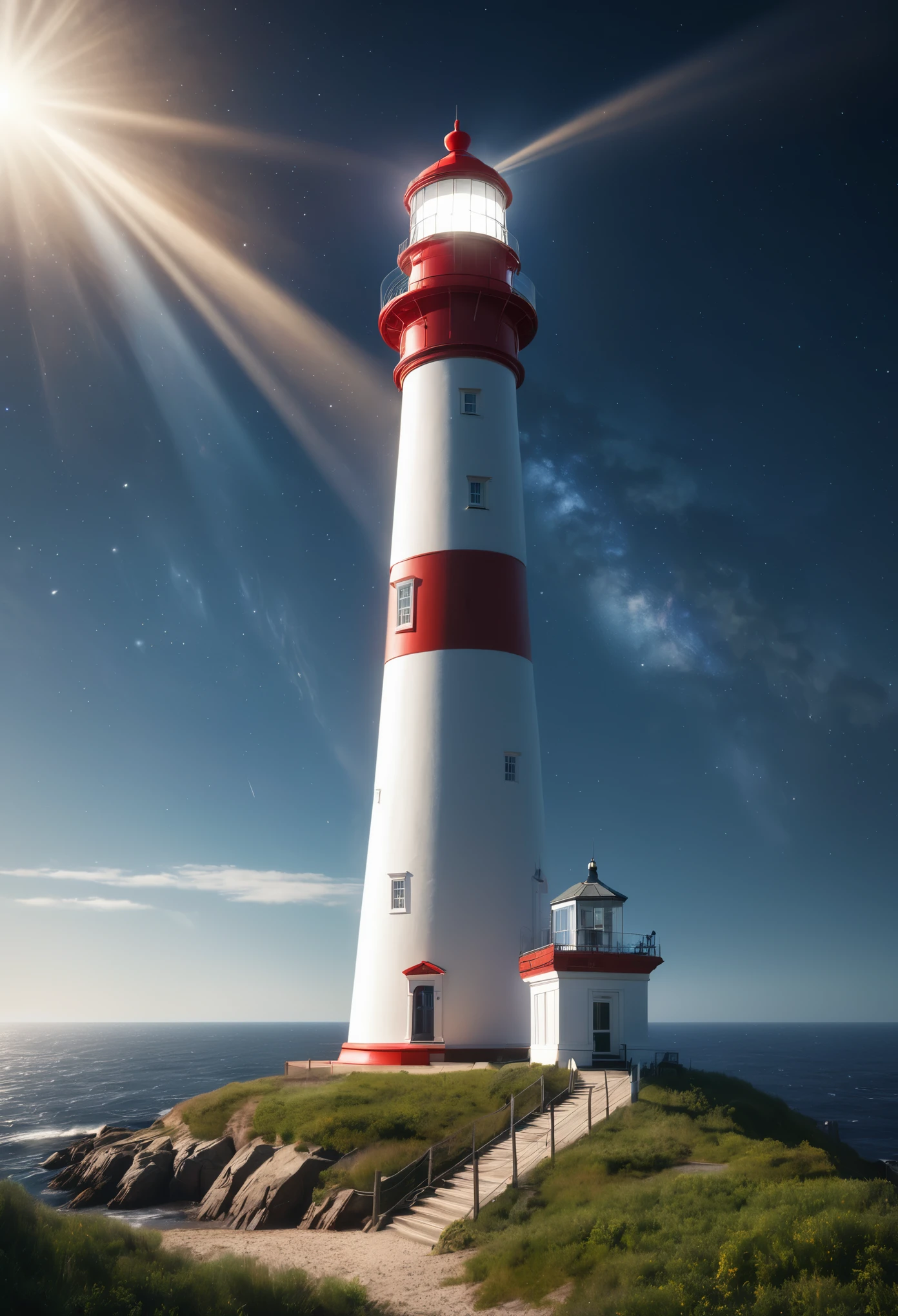 (realistic, photo-realistic:1.2, 8k, highres, masterpiece:1.2), space lighthouse, beam of light, bright, top lighthouse, depth of field, film grain, hdr, RAW photo