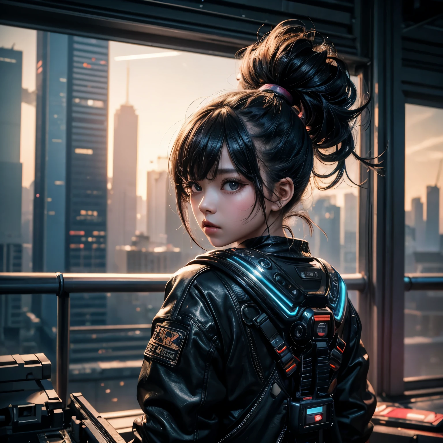 (best quality, 8K,32K, masterpiece, UHD:1.3), ultra high resolution, (Photorealistic: 1.4), RAW photo, cyber punk 4 year old Asian , , baby girl, Detailed cute face, cyber punk hair, cyber punk fashion, clothes very detailed, half body image, , cyber punk world background, back light effect, lens flare, depth of field, cbpkv5