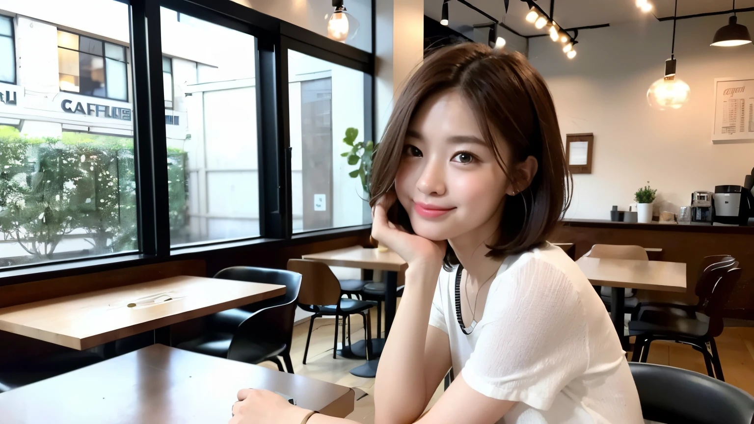 (最high quality、8k、32K、masterpiece:1.2)、A photo of a female college student who looks like a cute model、normal breasts、short bob hair、Upper body、face focus、white shirt、necklace、look at the audience、background a trendy coffee shop with a unique aesthetic and atmosphere. Incorporate elements like modern furniture, artistic decoration, and ambient lighting to enhance the ambiance. People who enjoy drinks々Consider including, engaging in conversation, or quietly working on laptops. Let your creativity flow、In this chic café setting「stable diffusion」Let the idea come to life, I can see other customers enjoying themselves too..。At the back of the cafe、Staff are busy working at the counter.、Feel the vibrancy and warmth of a city cafe.., sharp focus, 1 girl, sexy 1.2, brown hair, With bangs, fine eyes, Beautiful eyes with long slits, double eyelid, (cat face), (cute Face), cute Smile, (close your mouth), (cute), soft skin, surreal, Super detailed, high quality, (Beautiful female college student with short hair studying in a cafe), ((詳細な非常にcute女子大生),