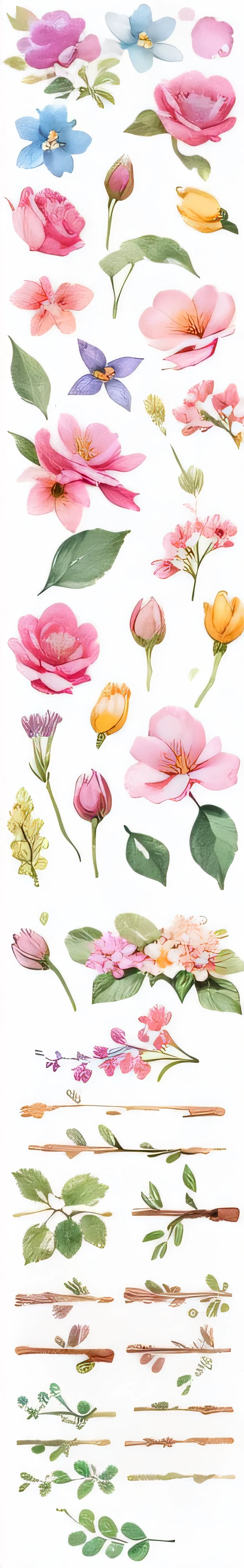 a close up of a bunch of watercolor flowers on a white background, botanic watercolors, flower elements, flowers and blossoms, botanicals, botanical artwork, botanical, watercolor illustration, pressed flowers, patchy flowers, botanical art, floral flowers colorful, flowers and plants, water color on paper, watercolor painting style, watercolor illustration style, delicate garden on paper, water colour