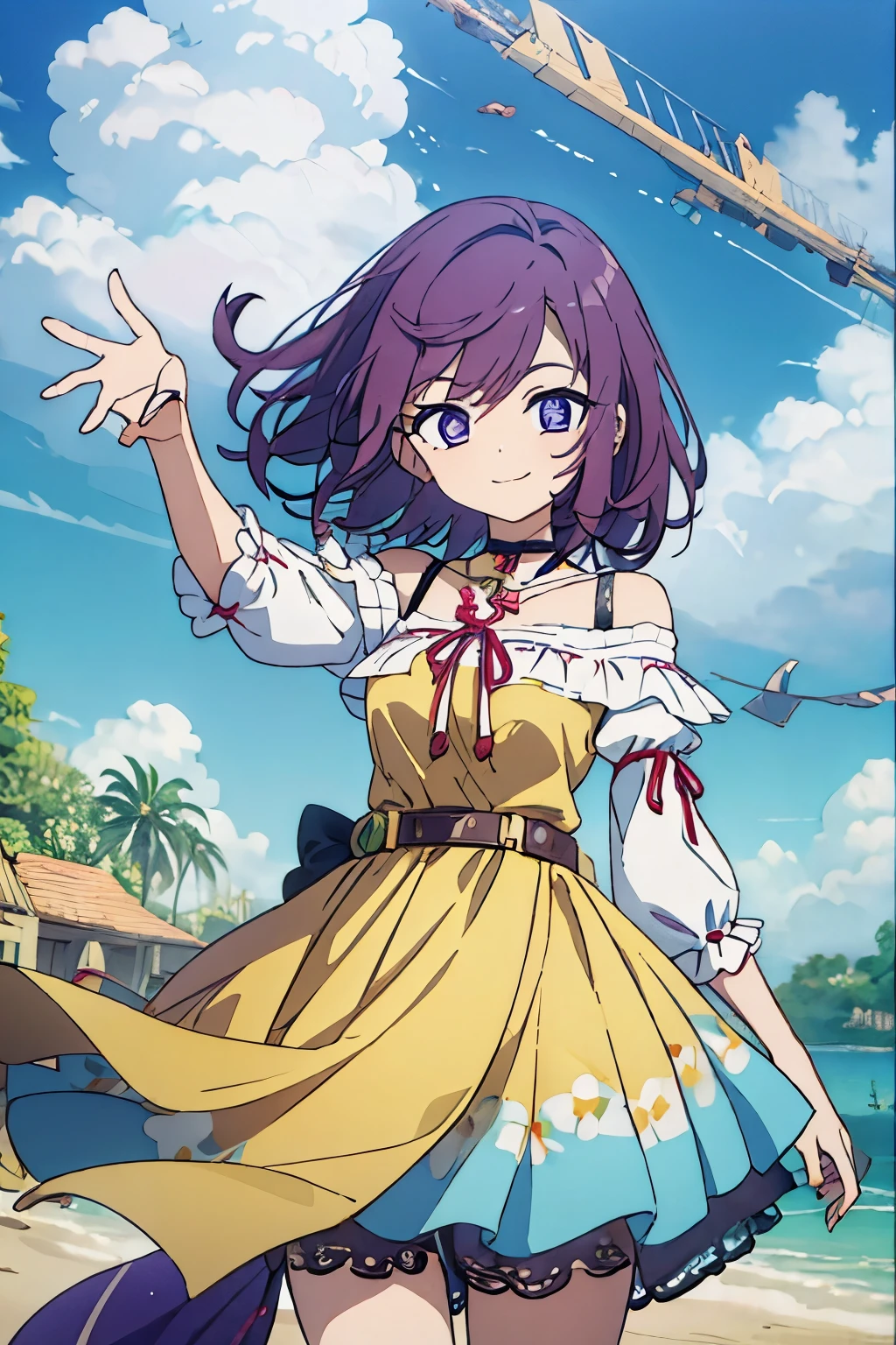 Kisho, 1 girl, purple hair, purple eyes, fantasy world, Remains, Bang, beautiful sky, shining sky, sunlight, smile, waving, sandals, belt, ribbon choker, Dresses that blow the wind, White lace dress, Off-shoulder sleeve, both hands, perfect fingers, five fingers, beautiful eyes