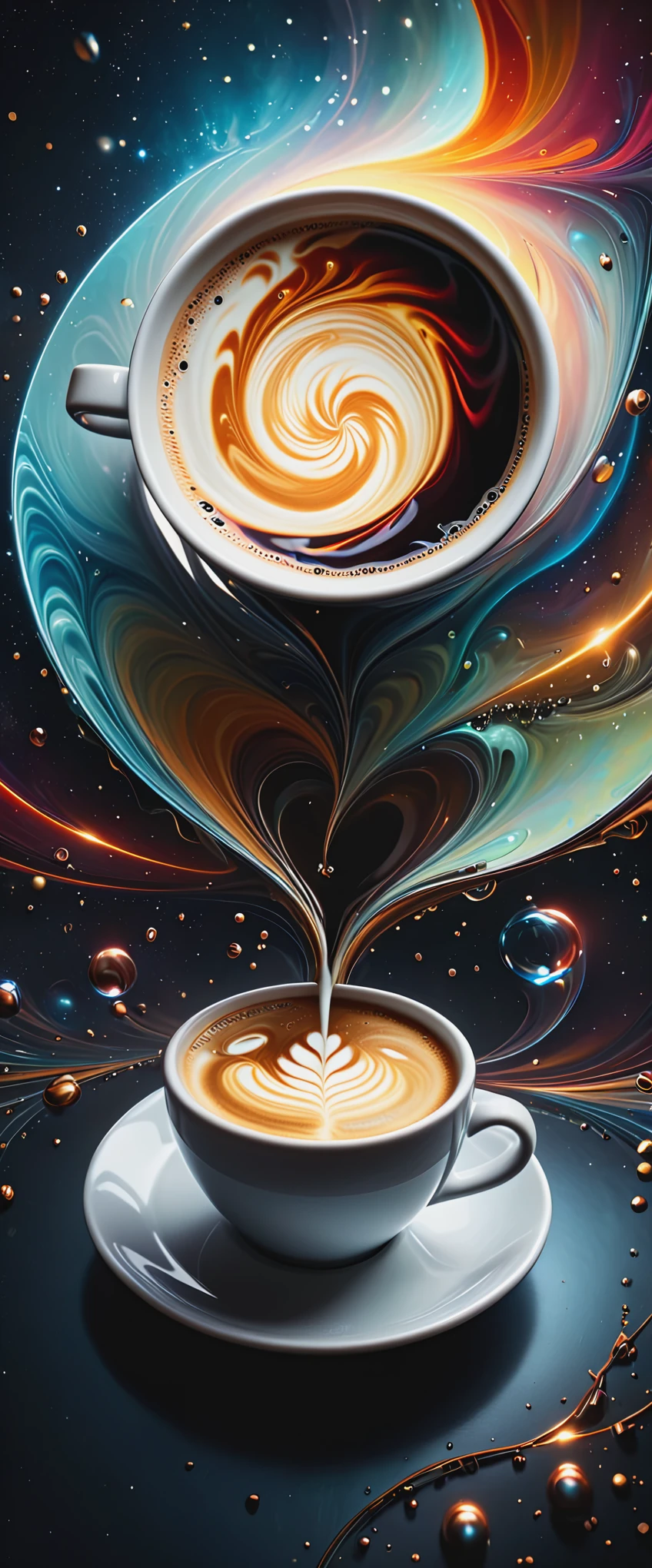 A surreal and abstract image of a coffee concept, where a coffee cup is designed in the shape of an non-Euclidean spiral planes, defying gravity. The coffee inside the cup is swirling in a hypnotic pattern, symbolizing quantum entanglement. The background is ethereal and dreamlike, with soft, pastel colors and subtle geometric shapes that suggest a blend of modern art and science fiction. The overall scene is enigmatic and thought-provoking, merging elements of the ordinary (a coffee cup) with the extraordinary (quantum physics and inverted geometry) studio photo aesthetics, highly detailed, dramatic lighting., neon ambiance, abstract black oil, gear mecha, detailed acrylic, grunge, intricate complexity, rendered in unreal engine, photorealistic.