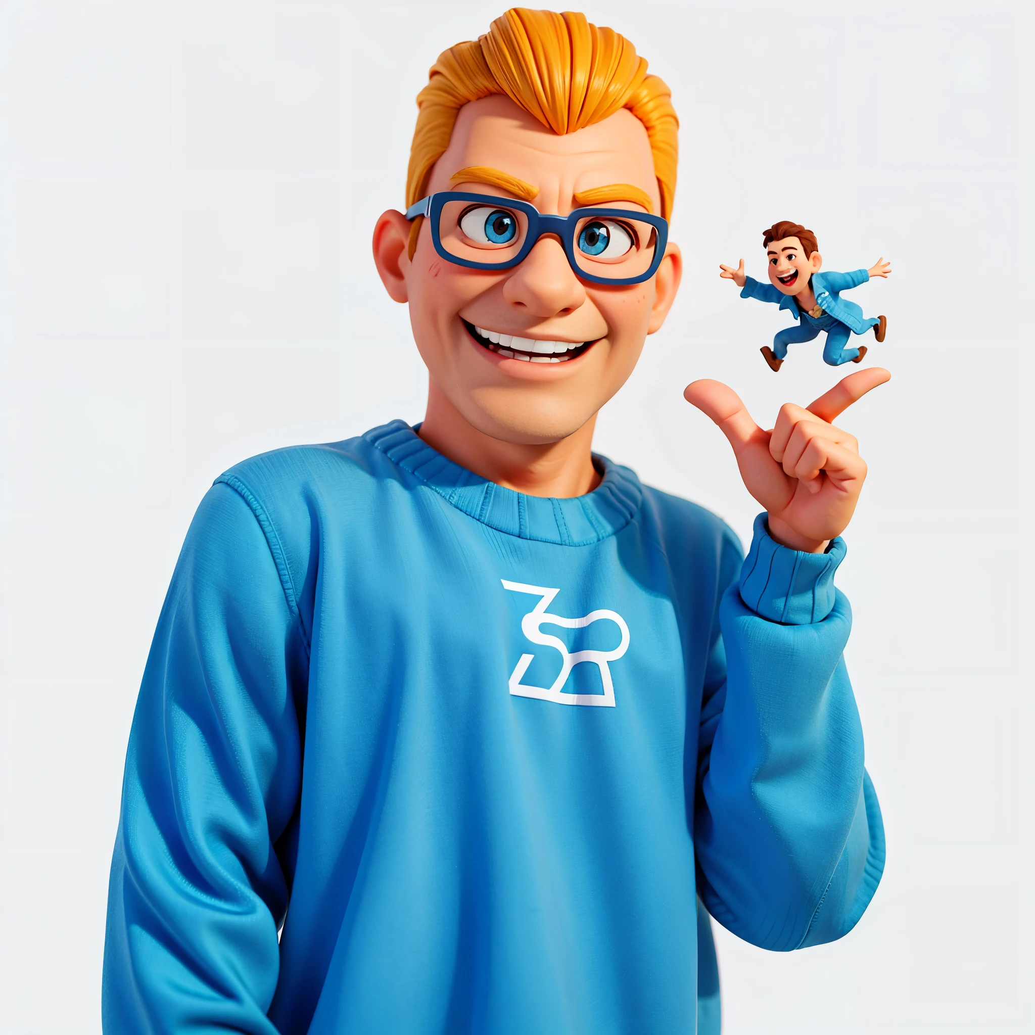3d character, pixar style, cg character, game, smiling man in blue sweater pointing at something with his finger