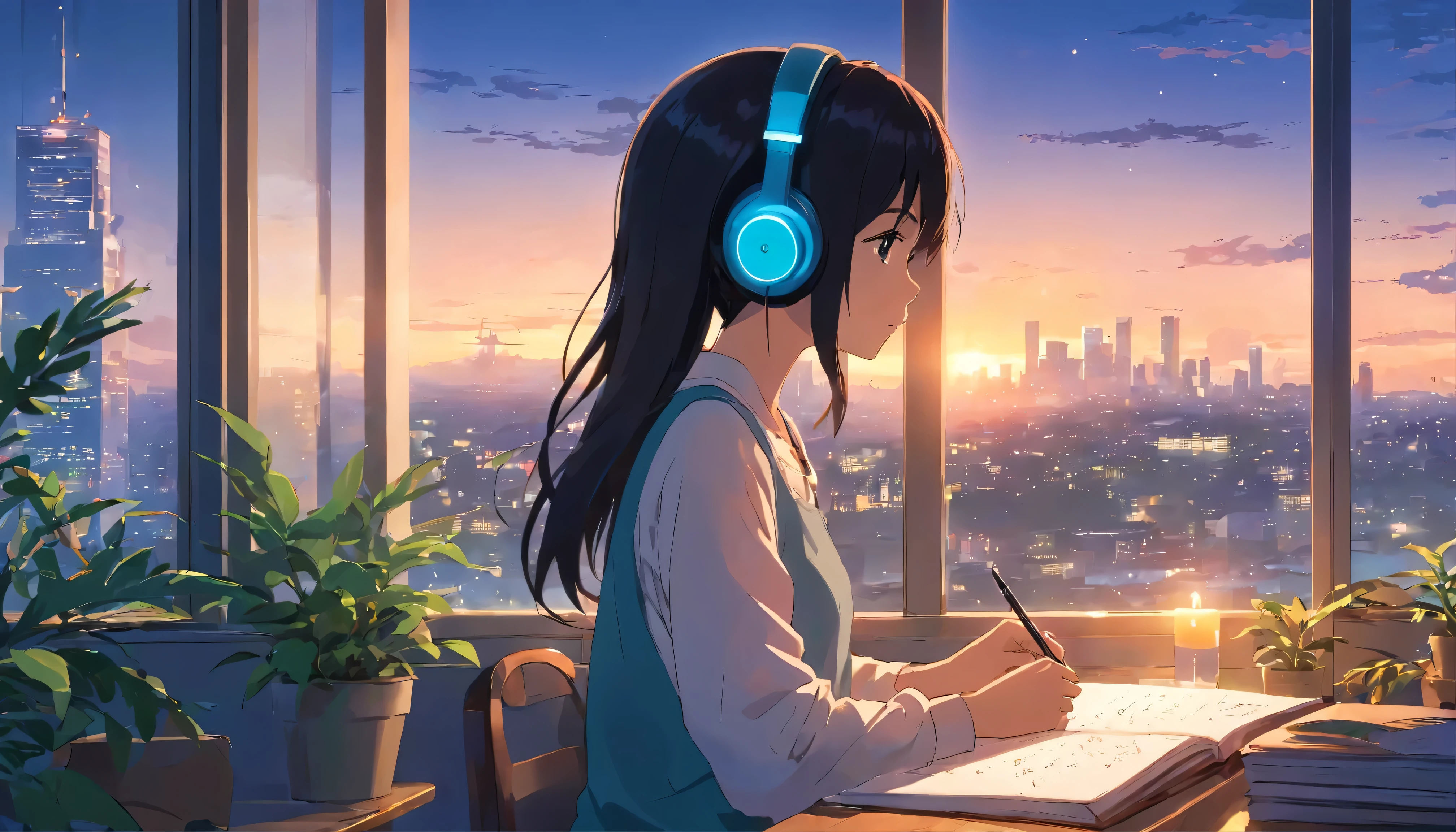 (Anime girl with headphones looking at the city outside the window), black hair, lofi girl, anime atmosphere, Lofiatostyle, anime style 4k, anime aesthetics, Nightcore, Lofi feeling, Lofiato, anime art wallpaper 4k, anime art wallpaper 4k, anime wallpaper 4k, anime wallpaper 4k, Lo-fi atmosphere, study, short skirt, Tank top, navel exposed costume, plants in the room, whole body, I have a pen, write in notebook, Mug on the table, A lit candle is placed on the table.