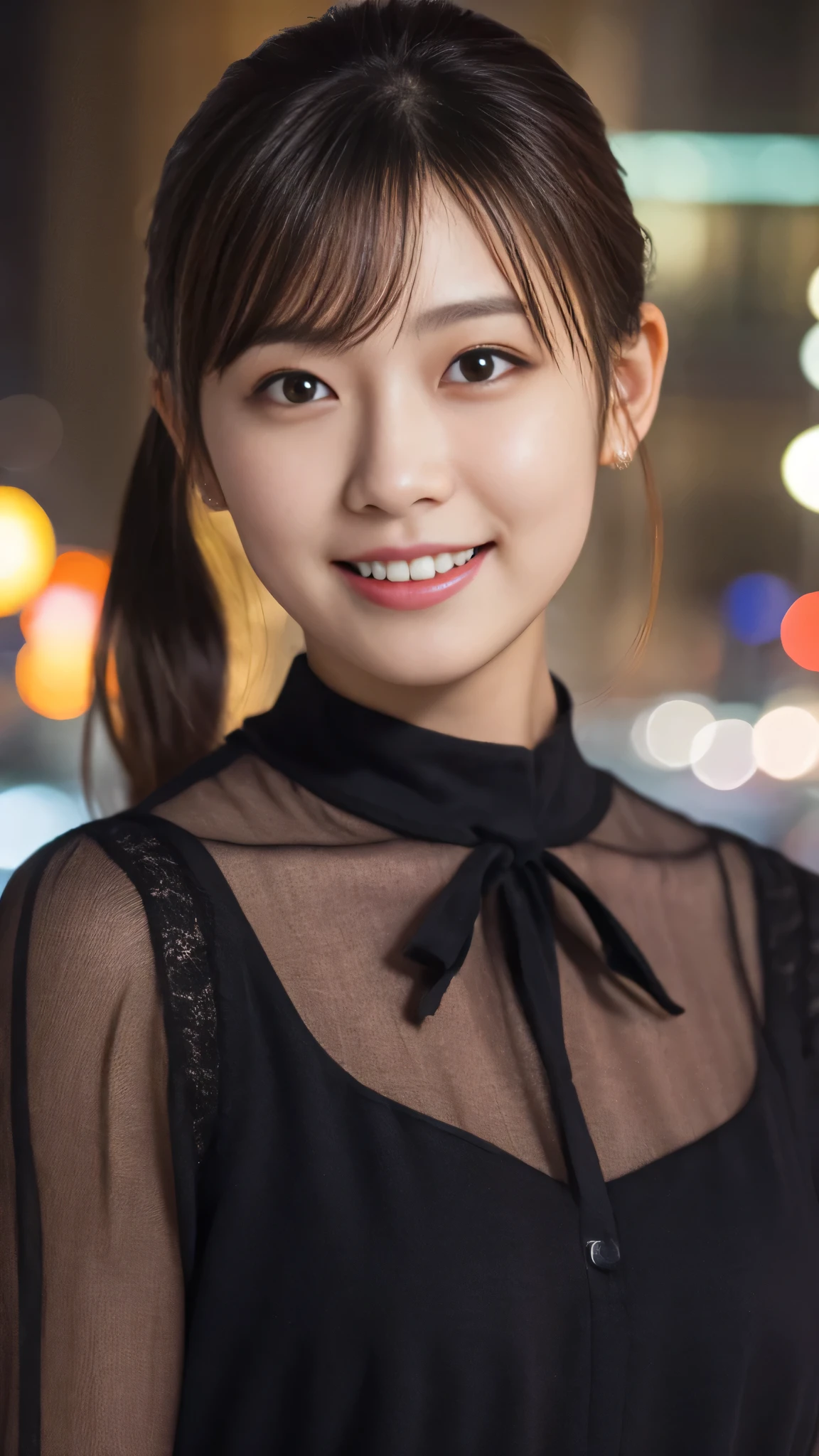 1 girl, (Wearing a black blouse:1.2), beautiful japanese actress, (ponytail:1.3),
(RAW photo, highest quality), (realistic, Photoreal:1.4), masterpiece,
very delicate and beautiful, very detailed, 2k wallpaper, wonderful,
finely, very detailed CG Unity 8K 壁紙, Super detailed, High resolution,
soft light, beautiful detailed girl, very detailed目と顔, beautifully detailed nose, beautiful and detailed eyes, cinematic lighting,
break
(Against the backdrop of a snowy night cityscape 1.3), city lights,
perfect anatomy, slender body, smile, Face the front completely, look at the camera