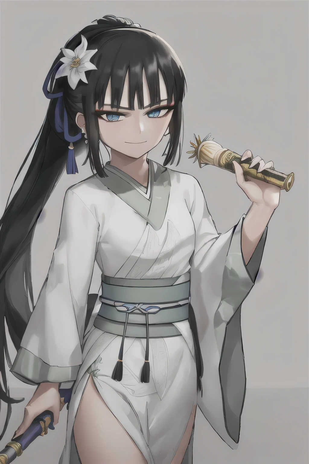 best quality, masterpiece, highres, solo, {jing_ke_fgo:1.15}, long_hair, black_hair, bangs, earrings, jewelry, smile, ponytail, blue_eyes, green_eyes, hair_ornament, hair_flower, 1girl, chinese_clothes, closed_mouth, hanfu, holding, long_sleeves, scroll, upper_body, looking_at_viewer, sash, makeup