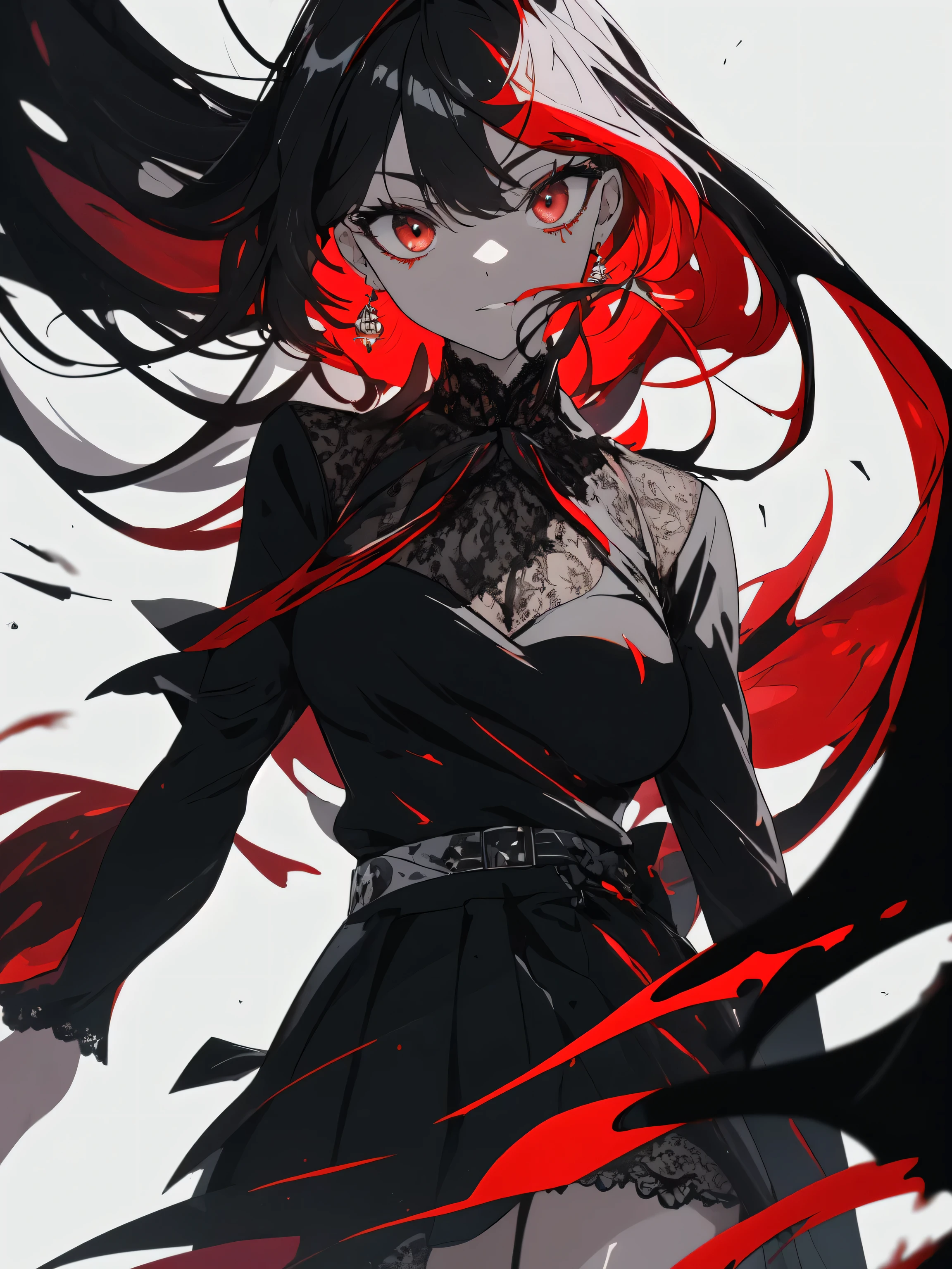 ((masterpiece: 1.4, 最high quality))+,(Super detailed)+, official art, unity 8k wallpaper, Super detaileded, beautiful, high quality, fine eyes, masterpiece, 最high quality, (big breasts), whole body, Standing picture, white background, red straight hair, black eyes, small black snake, White Theme, red jewelry, stud, black lace flats, asymmetrical skirt, Blood stains on the skirt, devil, skeleton, lots of lace、beautifulアニメ