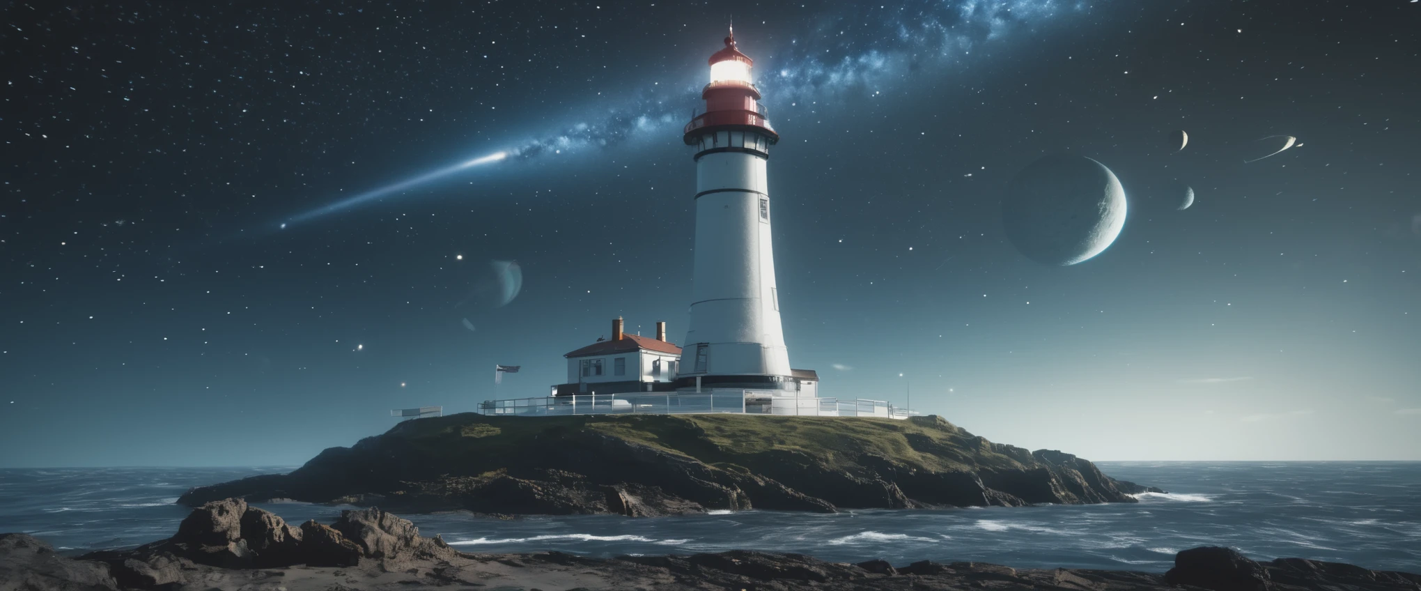 (realistic, photo-realistic:1.2, 8k, highres, masterpiece:1.2),  sci-fi, lighthouse in deep space , depth of field, film grain, hdr, RAW photo