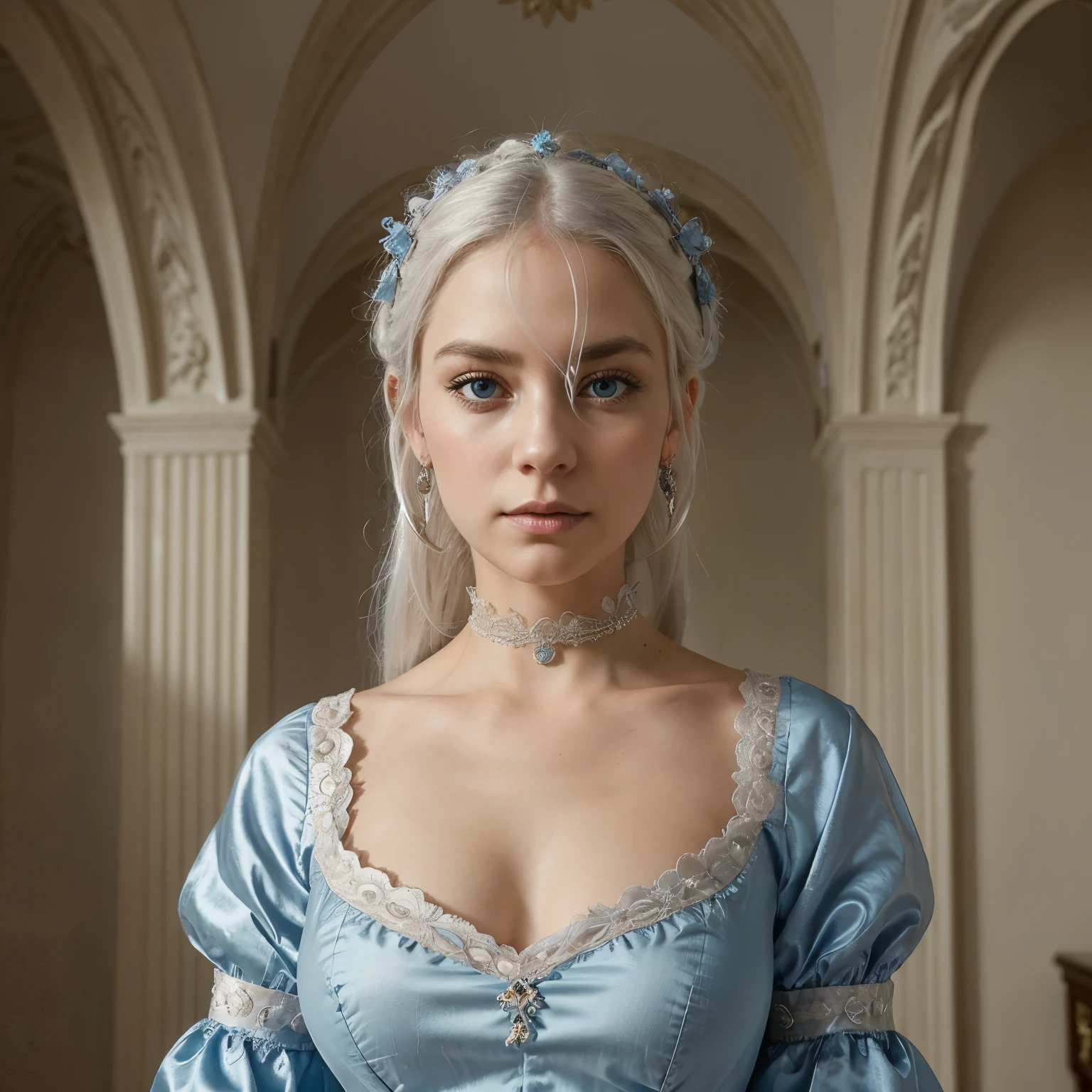 "Create a portrait of a woman with ethereal beauty, featuring platinum white hair and piercing blue eyes. She should possess a regal and serene expression, evoking a sense of otherworldly grace. Her attire is a high-collared, Victorian-inspired silk dress that reflects light with a subtle sheen, suggesting both elegance and strength. The background should be a dimly lit, ornate room with a touch of baroque style, and the overall tone of the image should be soft with a muted color palette, giving the impression of a painting."