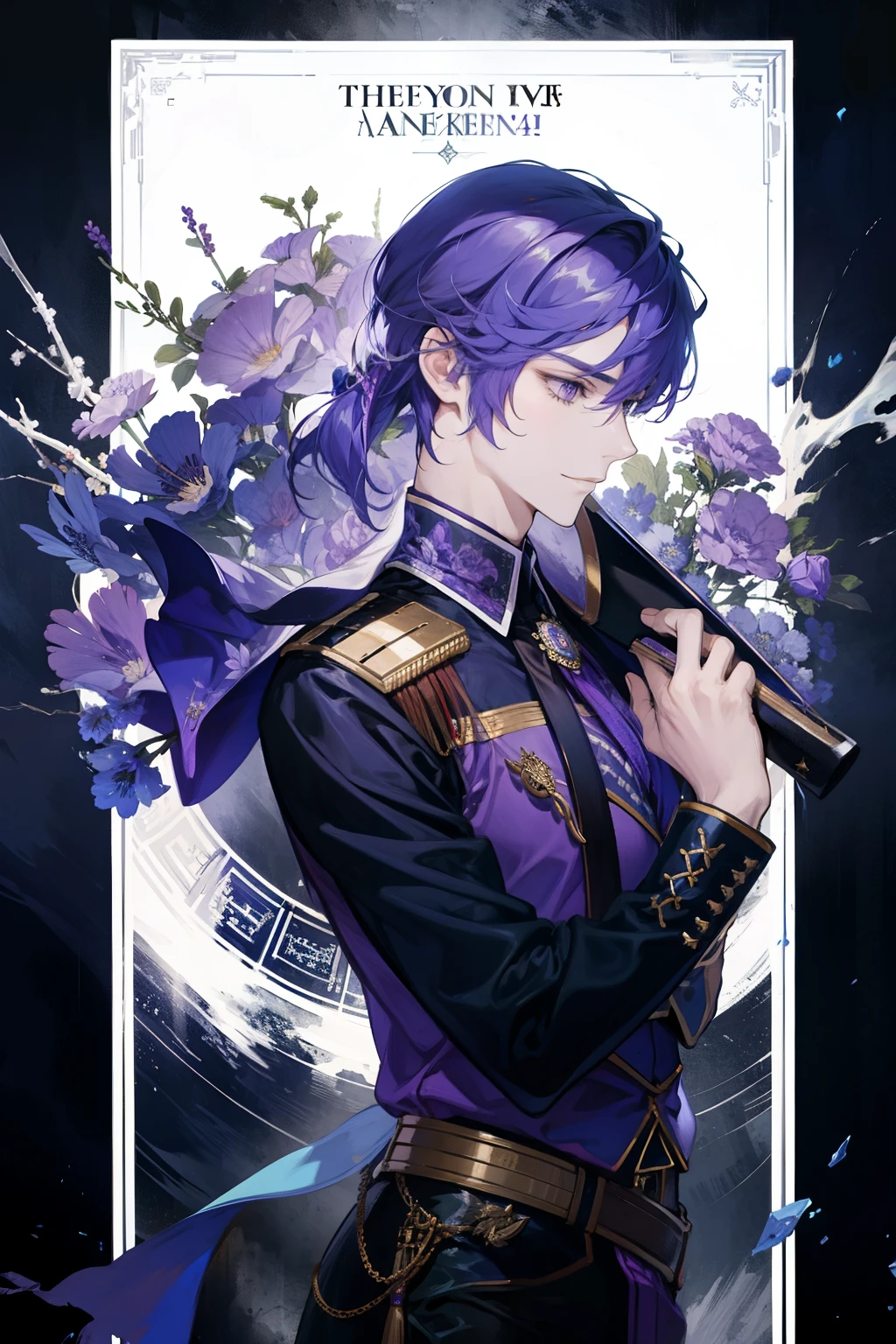 domineering boy,good looking,tall muscular male,broad shoulders,purple eyes,purple hair,with a sword,fanciful,detailed face,throne effect,Optimal ratio of 4 fingers and 1 thumb,icy,intense cold,cold wave,smile,(dutch angle),please shut your mouth