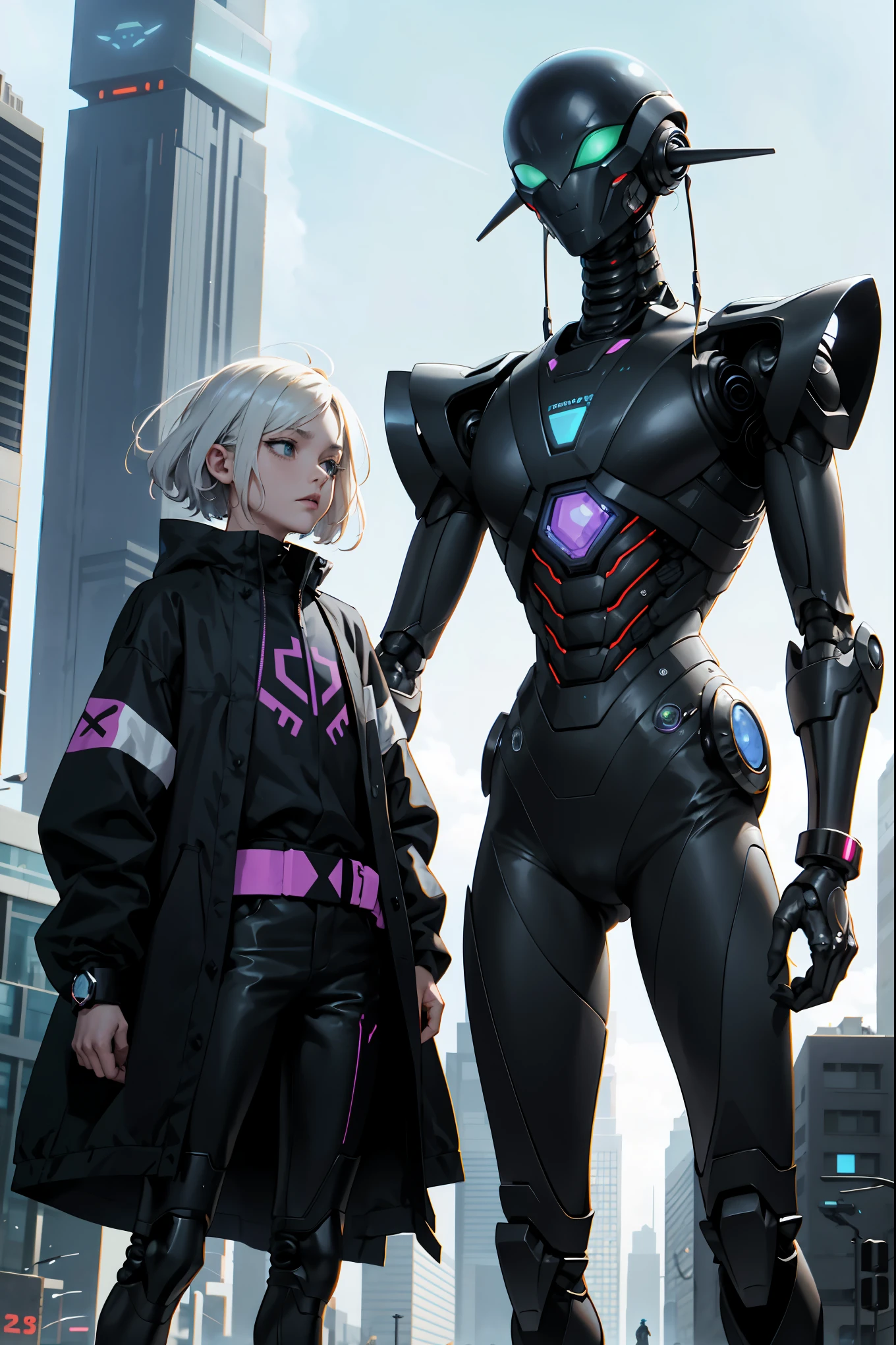 In the background futuristic cityscape, aliens passers-by, dressed in exoskeleton of different colours.In the foreground a man is confused, holding a black bracelet in his hand, and next to him a flying robot alien.