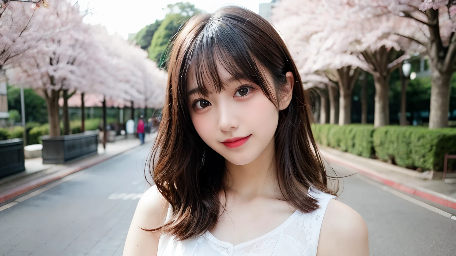 table top, highest quality, shape, Super detailed, finely, High resolution, 8k wallpaper, 完璧なダイナミックな構shape, finelyて美しい目, wearing a white dress,medium hair,natural color lip, smile,Harajuku、teenage girl、cute、looking at the camera、C cup、brown hair、Blurred cherry blossom background