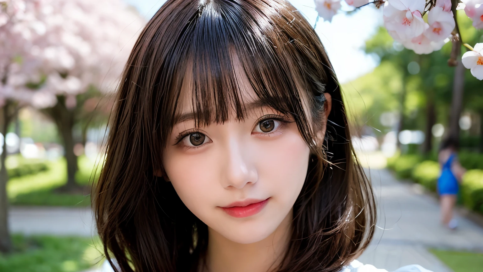 table top, highest quality, shape, Super detailed, finely, High resolution, 8k wallpaper, 完璧なダイナミックな構shape, finelyて美しい目, wearing a white dress,medium hair,natural color lip, smile,Harajuku、teenage girl、cute、looking at the camera、C cup、brown hair、Blurred cherry blossom background