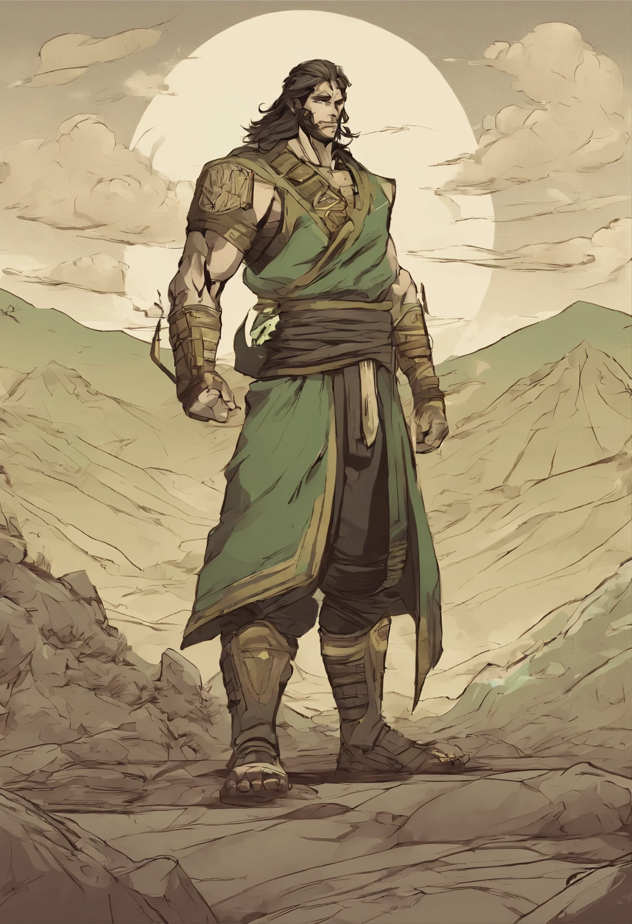 A strong Earthbender usually has a stocky, muscular build., reflecting his physical strength and power to manipulate the earth element. Sua pele pode ter tons terrosos, como marrom ou verde-oliva, e seus olhos muitas vezes refletem a cor da terra, como um marrom profundo. Seu cabelo pode ser escuro e espesso, lembrando a textura e a cor da terra.
He usually wears practical and sturdy clothing, suited to dealing with the natural environment and the demands of their earthbending ability. You can carry tools or accessories made of stone or metal with you, that assist in your manipulations of the earth element.
Your posture is firm and confident, demonstrando sua habilidade e destreza como dobrador de terra. His presence is imposing and commanding, conveying a sense of strength and determination. Em resumo, a strong earthbender is an impressive figure, that combines physical power and elemental ability in a unique and striking way.