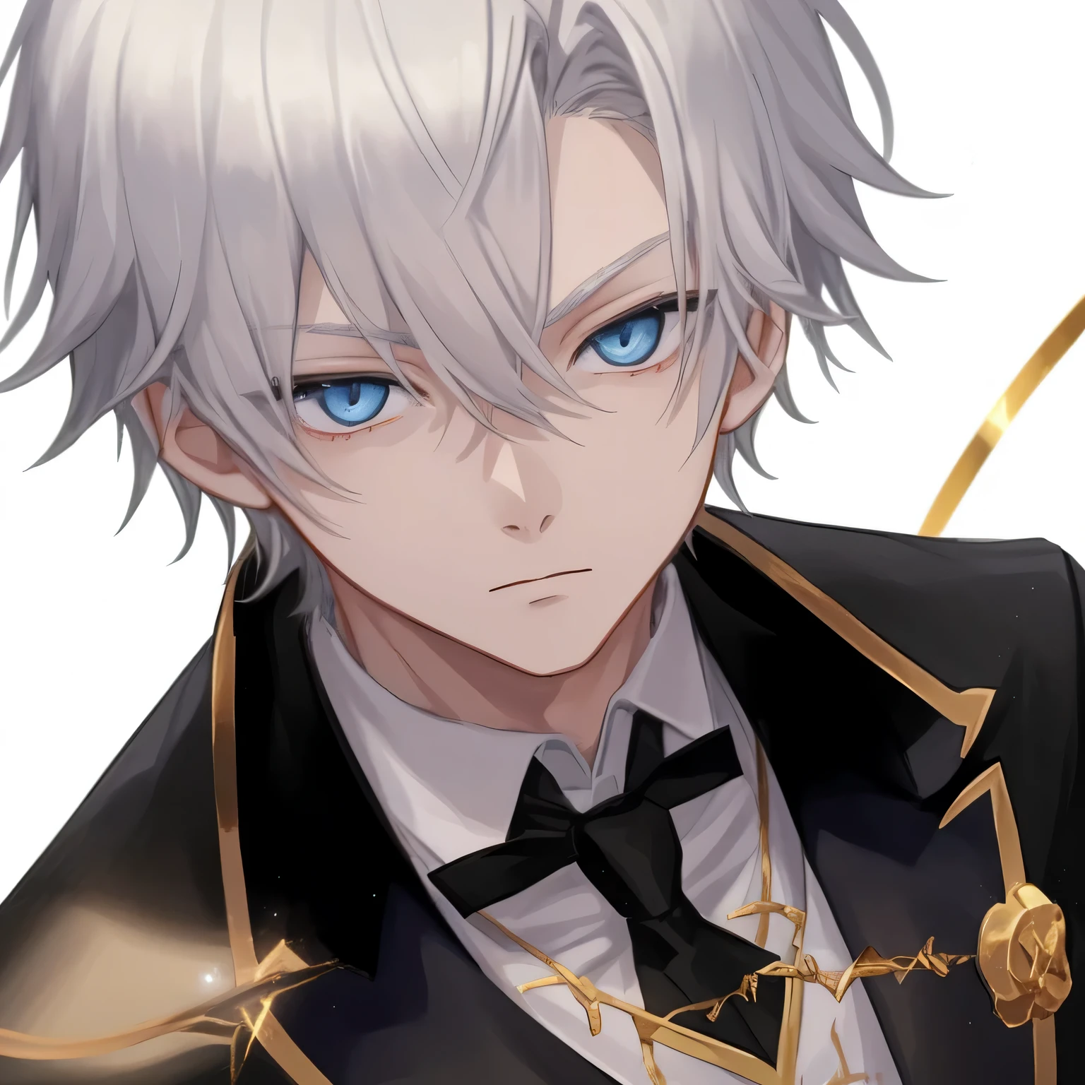 1boy, anime, white_hair, gold_and_blue_eyes, sly, black_cloak, white_shirt, black_tie, gold_accessories, white_background, looking_at_viewer_from_below, close_up