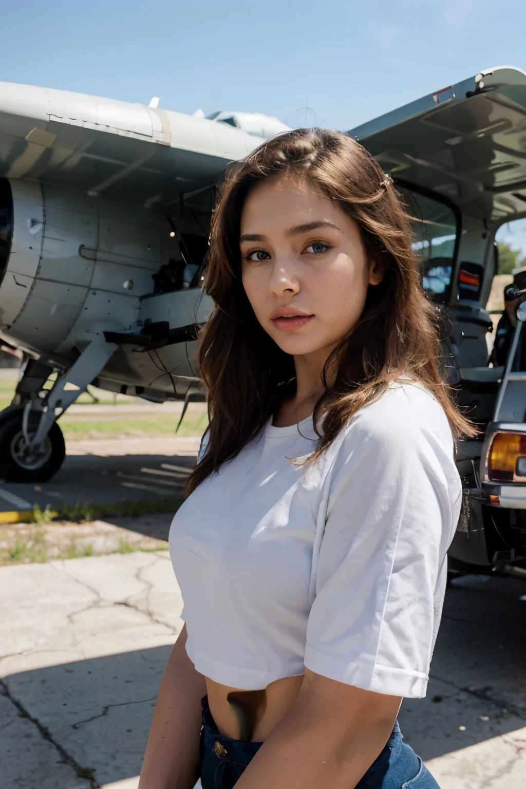 8k, highest quality, ultra details, hispanic girl, aviator outfit, vintage airplane, open skies, adventure and freedom. portrait sophie mudd, thick neck, latina, angelawhite, violet myers, 22 years old, 21 years old, hazel eyes, italian, italian latina, Alycia Debnam-Carey, Jet aviator outfit